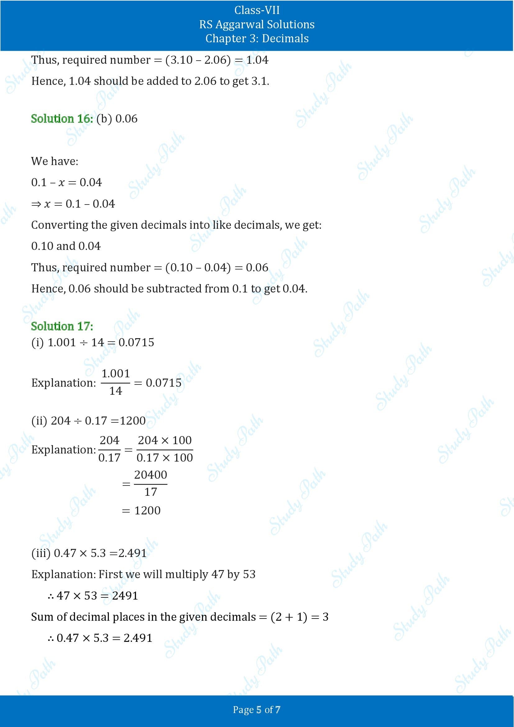 RS Aggarwal Solutions Class 7 Chapter 3 Decimals Test Paper 00005