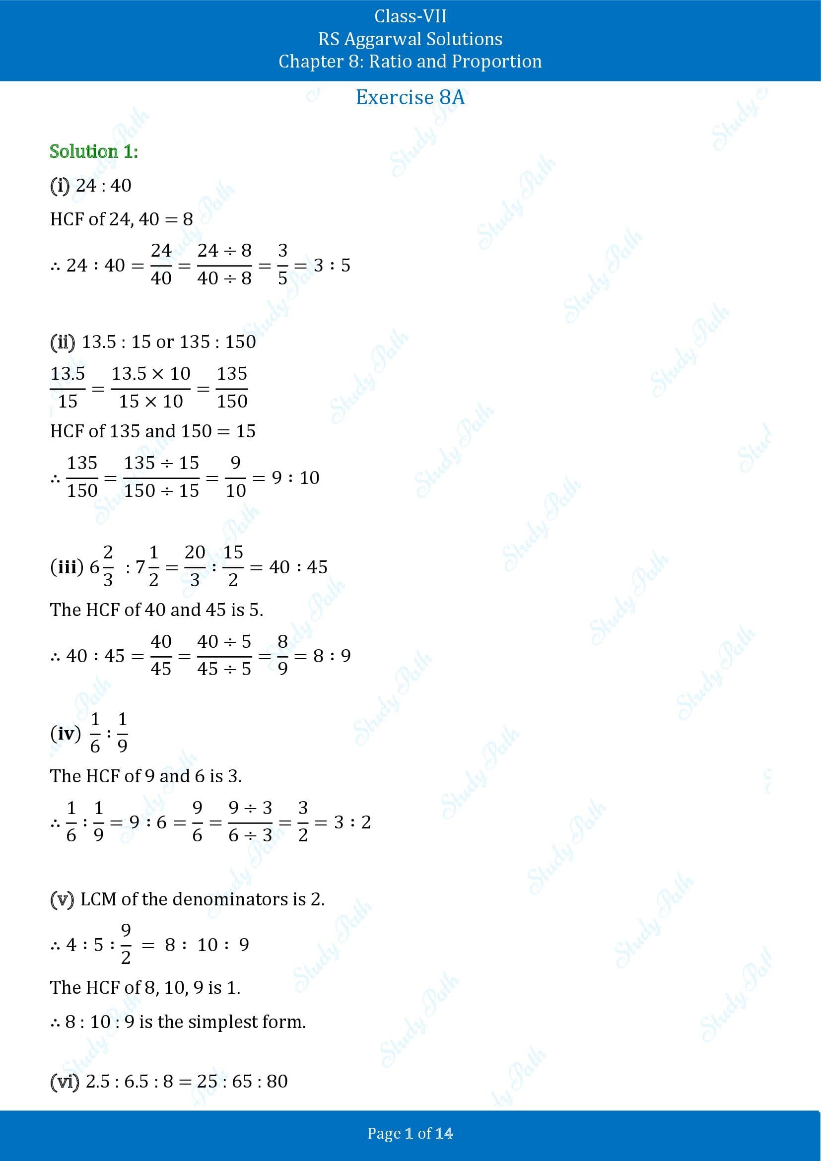 RS Aggarwal Solutions Class 7 Chapter 8 Ratio and Proportion Exercise 8A 00001