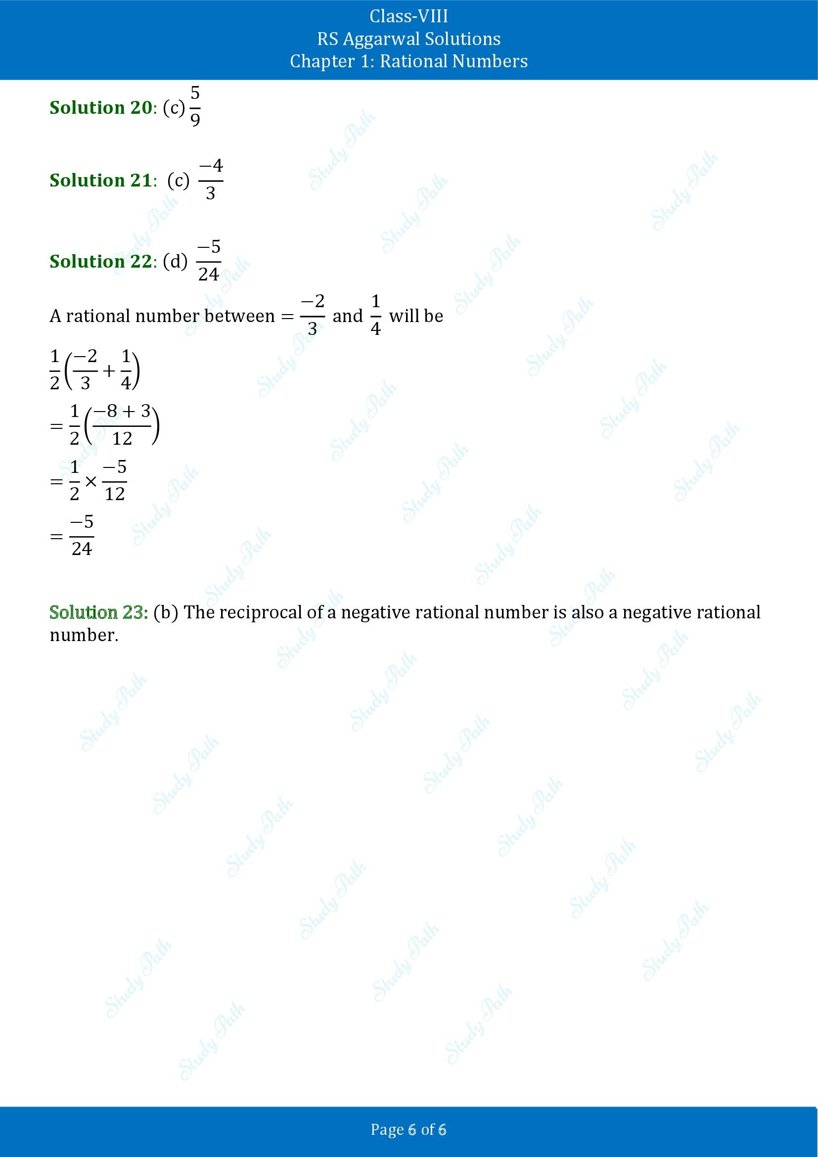 RS Aggarwal Solutions Class 8 Chapter 1 Rational Numbers Exercise 1H MCQs 00006