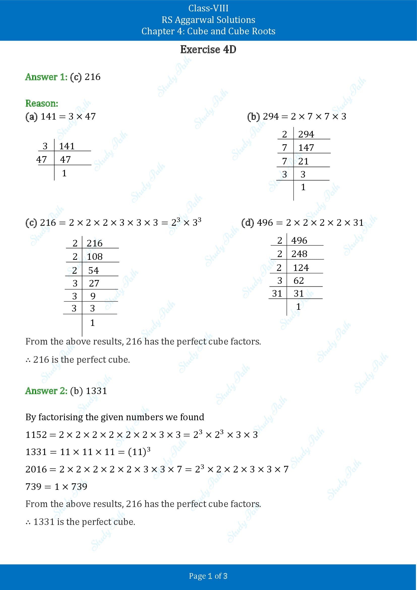 RS Aggarwal Solutions Class 8 Chapter 4 Cube and Cube Roots Exercise 4D MCQs 00001