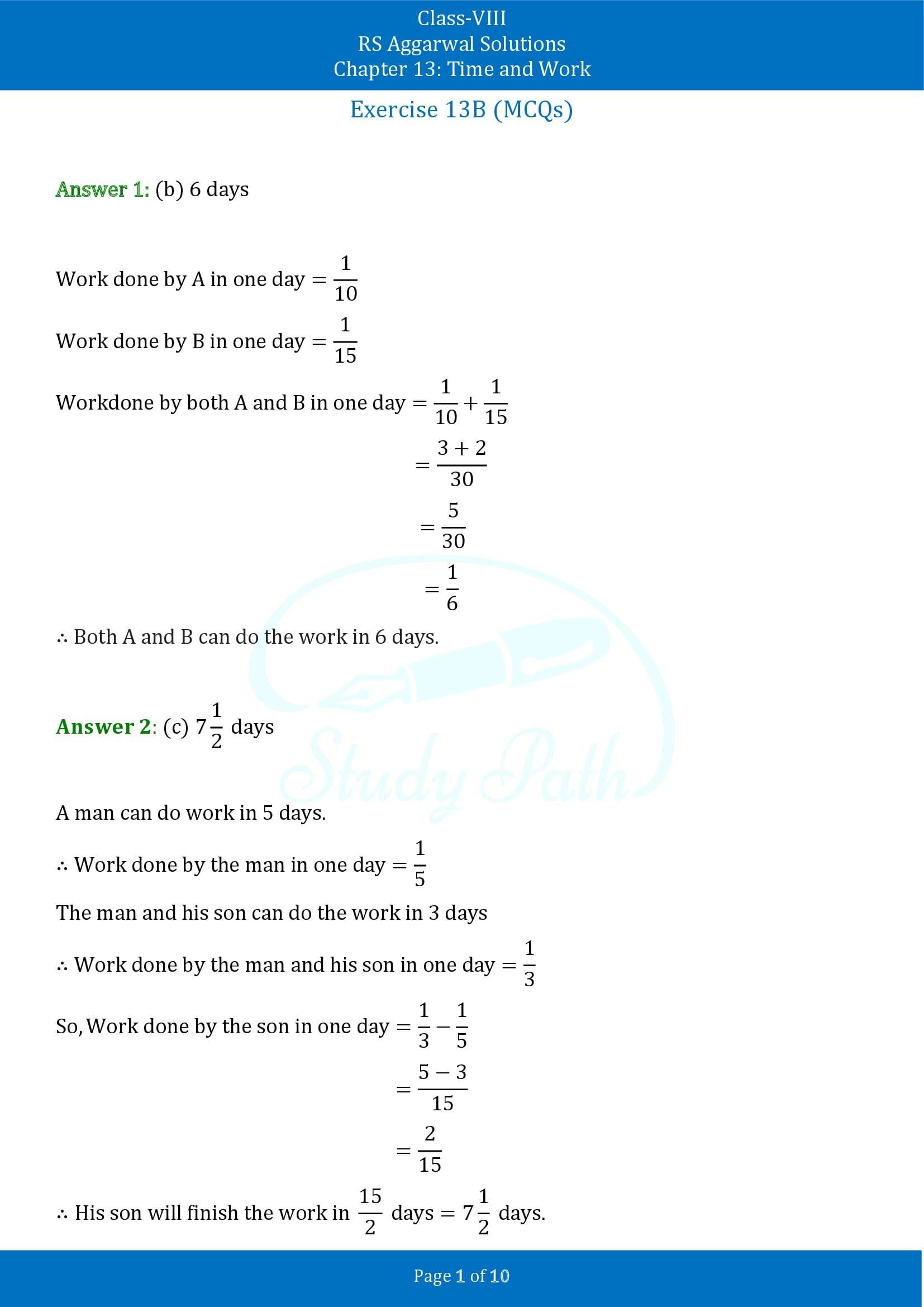 RS Aggarwal Solutions Class 8 Chapter 13 Time and Work Exercise 13B MCQs 00001