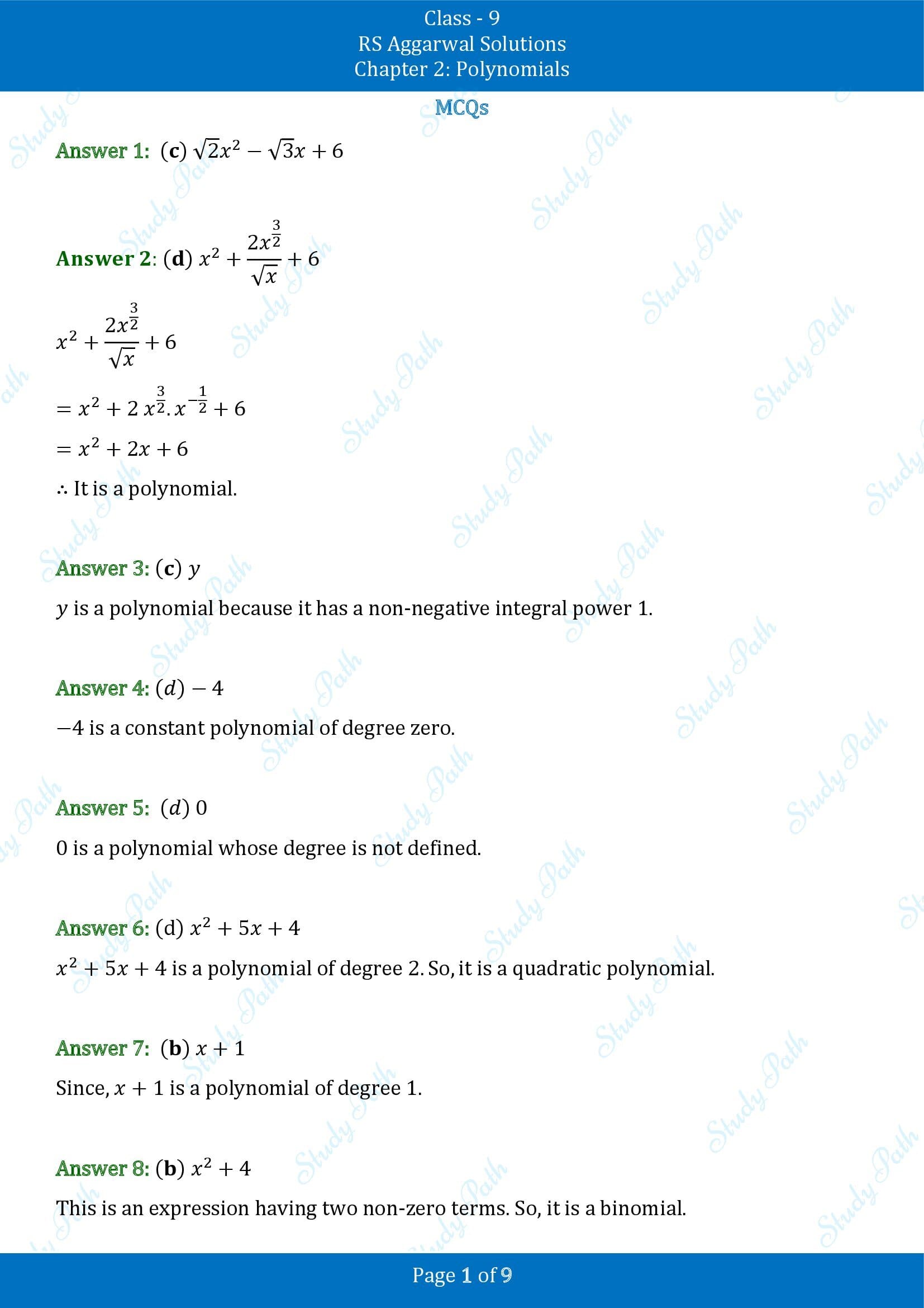 RS Aggarwal Solutions Class 9 Chapter 2 Polynomials Multiple Choice Questions MCQs 00001