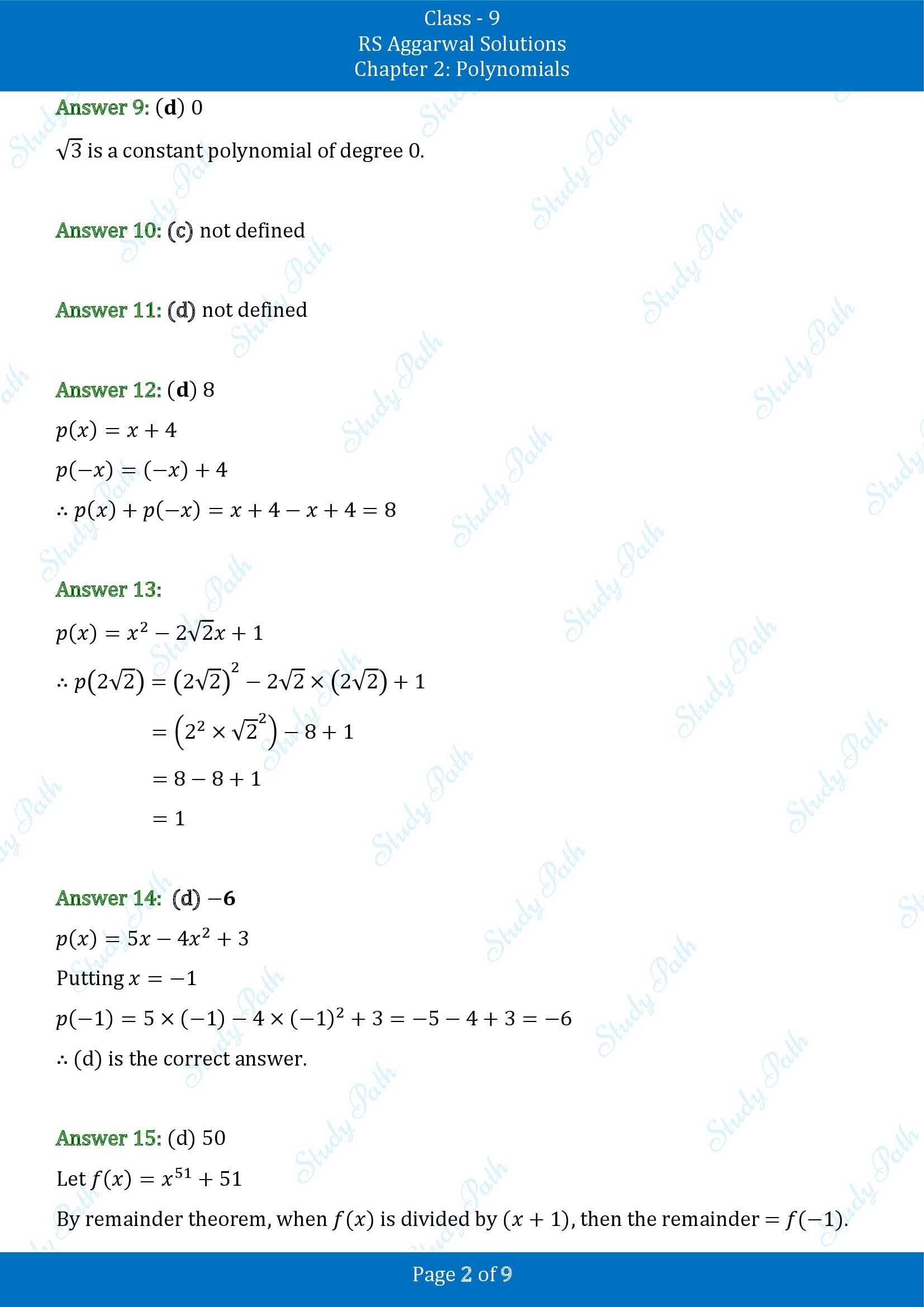 RS Aggarwal Solutions Class 9 Chapter 2 Polynomials Multiple Choice Questions MCQs 00002