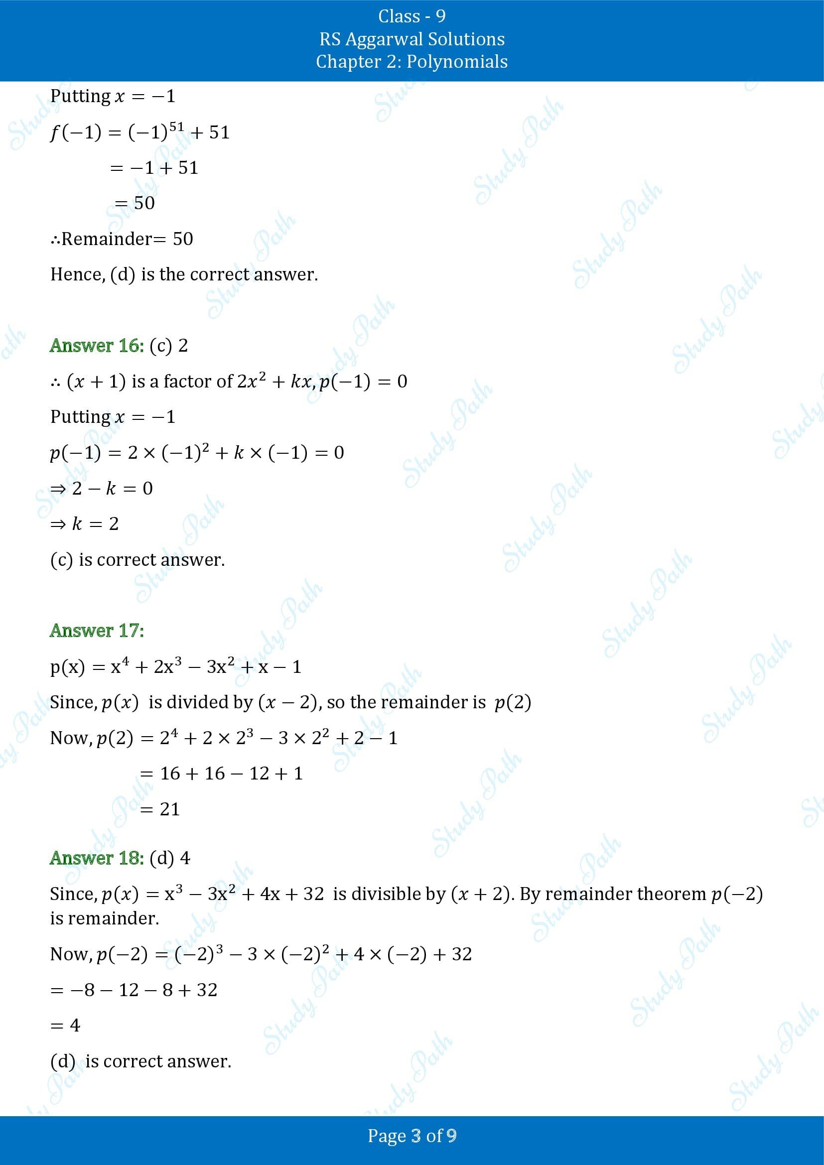RS Aggarwal Solutions Class 9 Chapter 2 Polynomials Multiple Choice Questions MCQs 00003