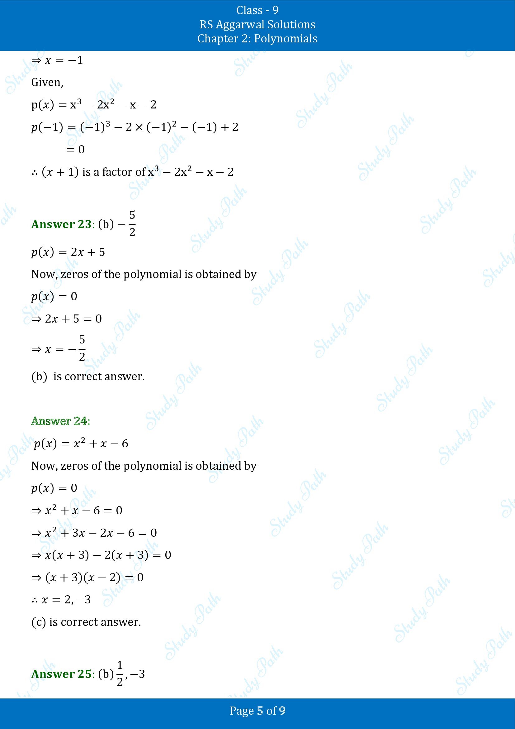 RS Aggarwal Solutions Class 9 Chapter 2 Polynomials Multiple Choice Questions MCQs 00005