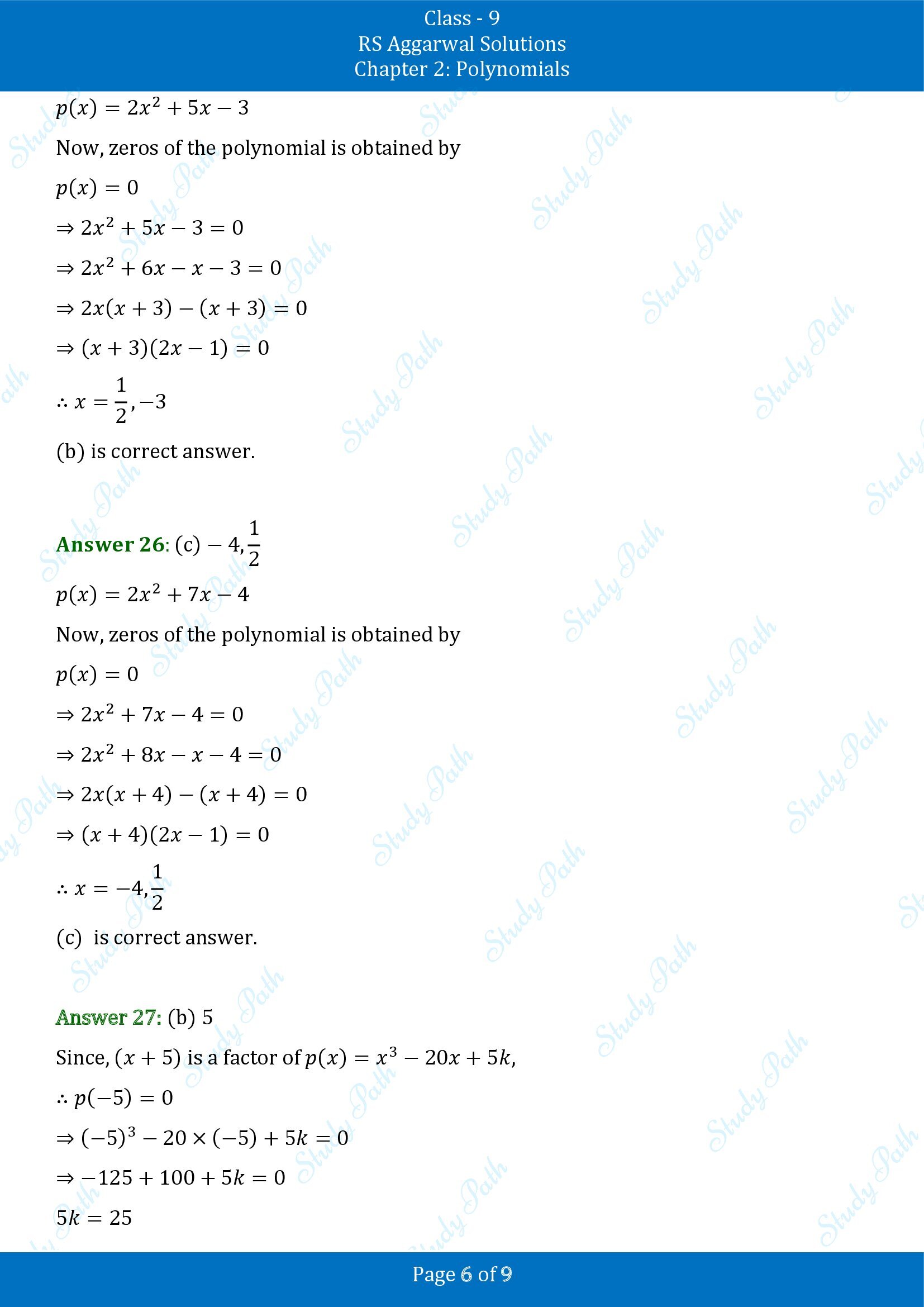 RS Aggarwal Solutions Class 9 Chapter 2 Polynomials Multiple Choice Questions MCQs 00006