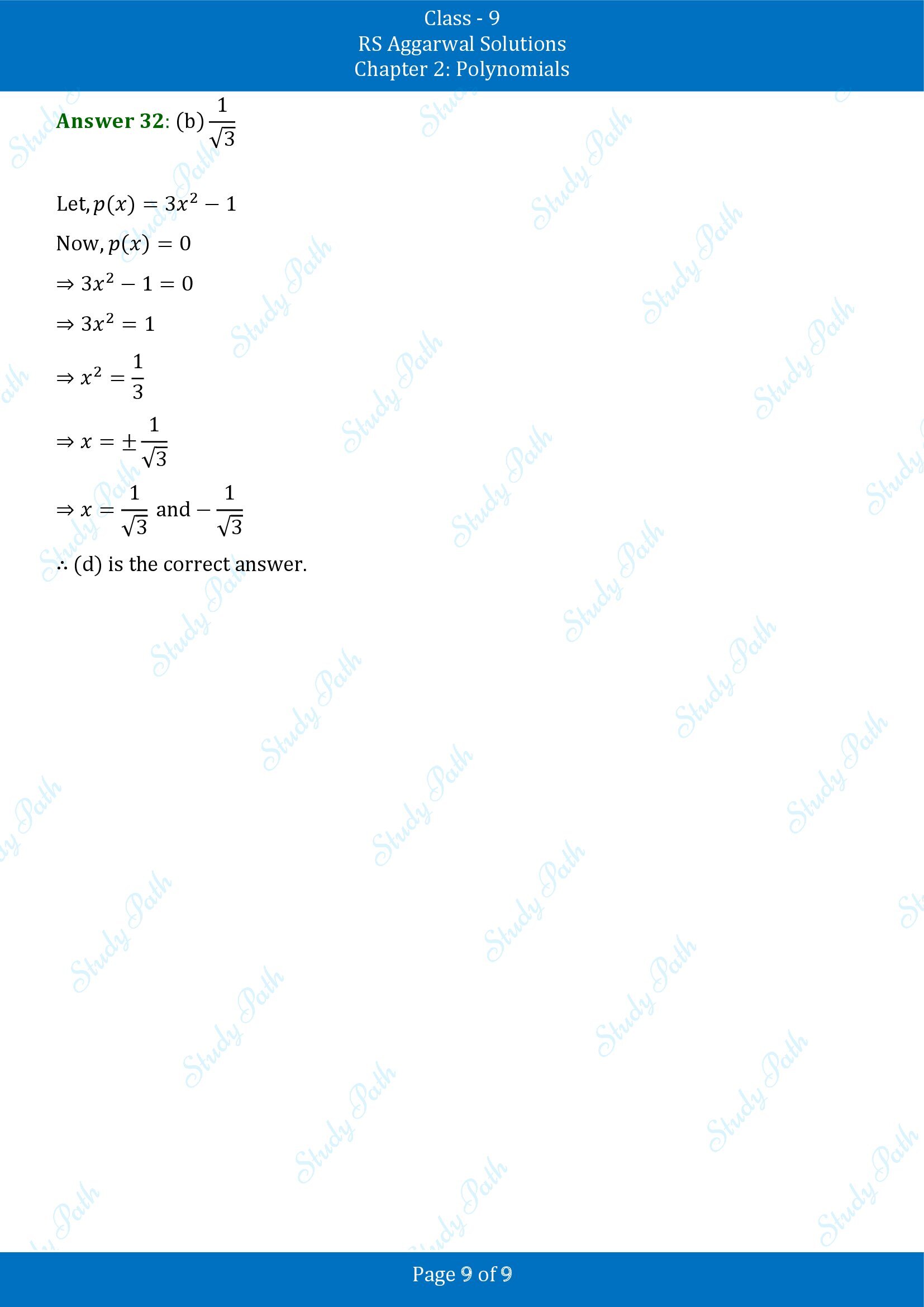 RS Aggarwal Solutions Class 9 Chapter 2 Polynomials Multiple Choice Questions MCQs 00009