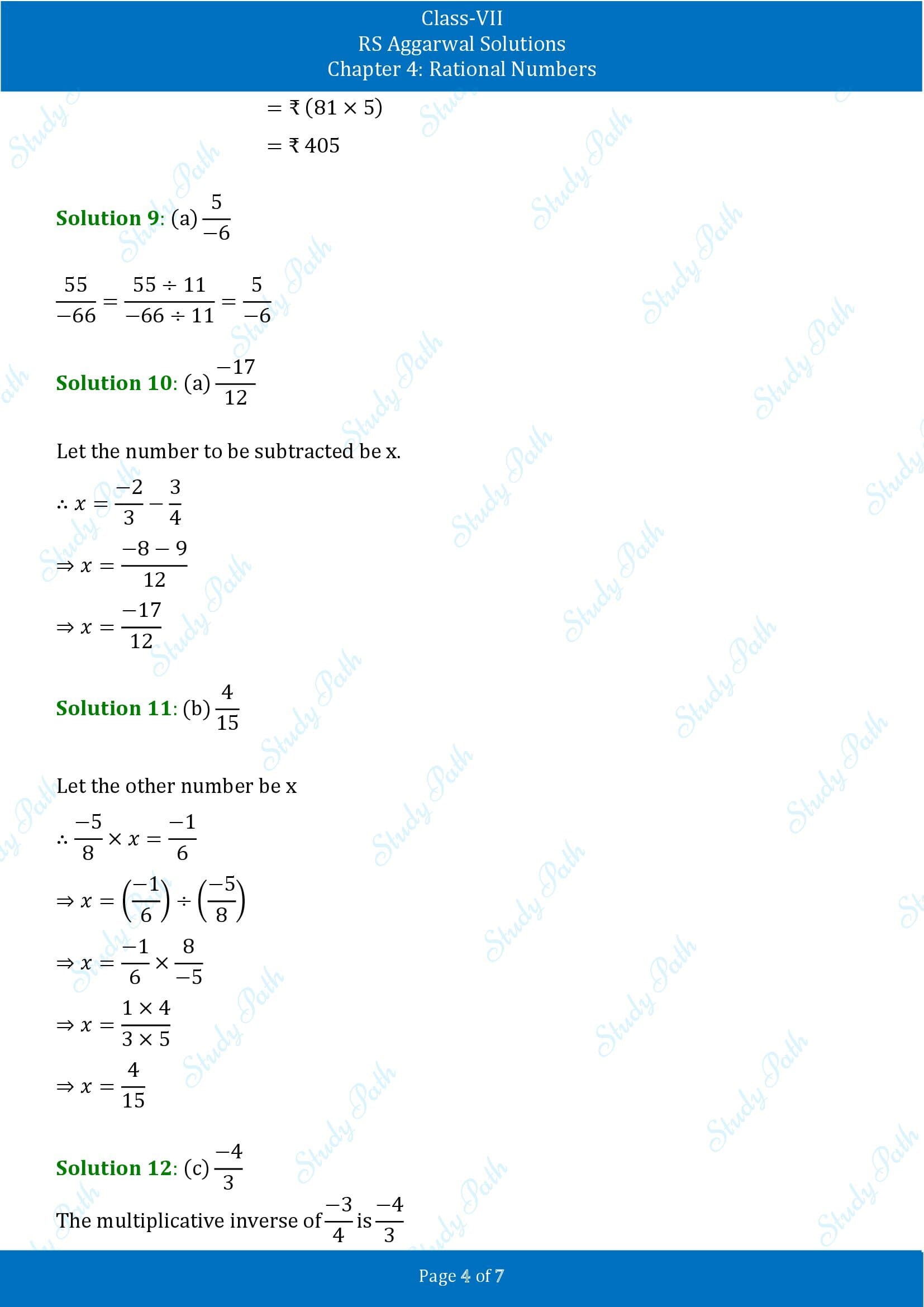 RS Aggarwal Solutions Class 7 Chapter 4 Rational Numbers Test Paper 00004