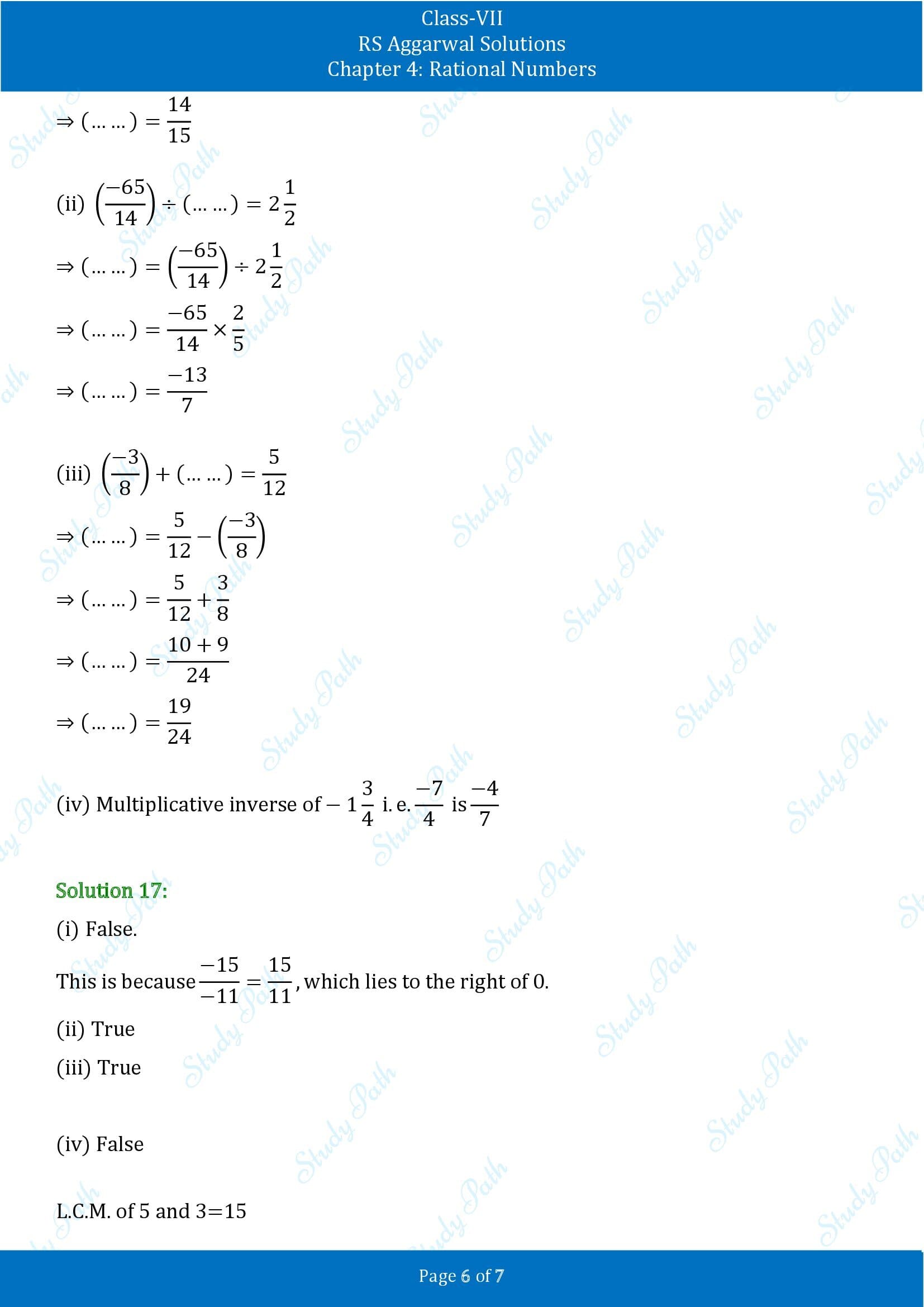 RS Aggarwal Solutions Class 7 Chapter 4 Rational Numbers Test Paper 00006