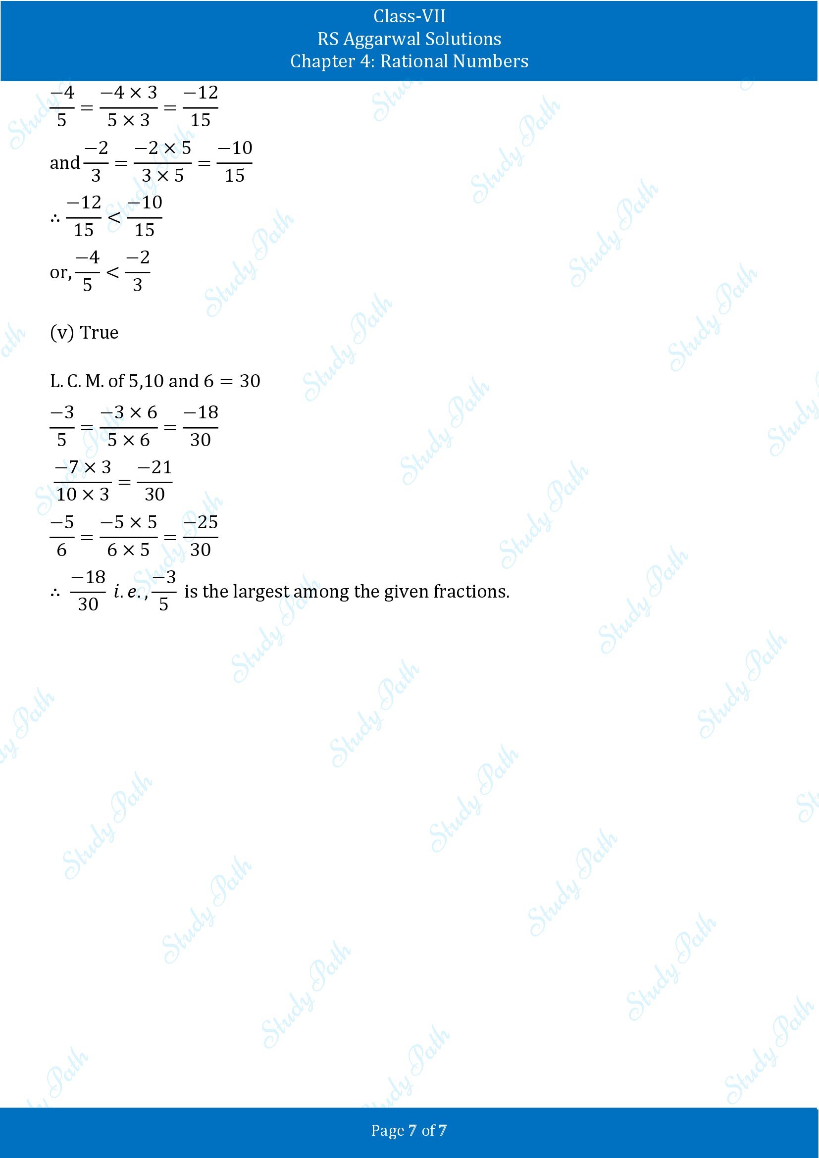 RS Aggarwal Solutions Class 7 Chapter 4 Rational Numbers Test Paper 00007