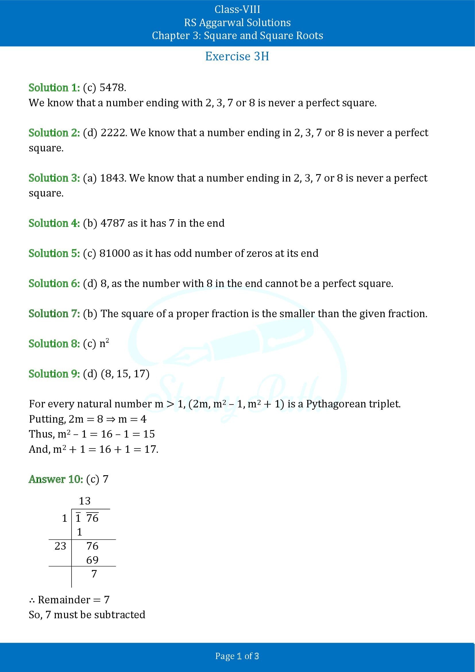 RS Aggarwal Solutions Class 8 Chapter 3 Square and Square Roots Exercise 3H MCQs 00001