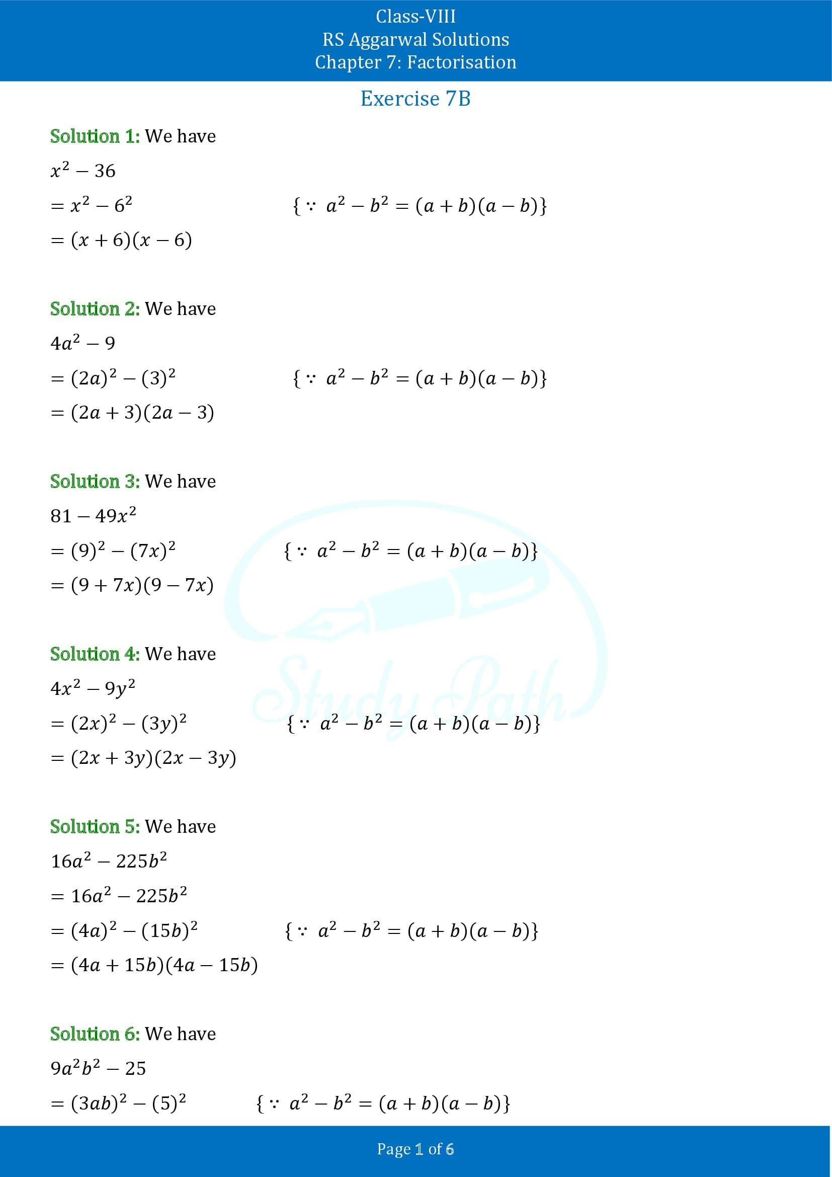 RS Aggarwal Solutions Class 8 Chapter 7 Factorisation Exercise 7B 00001