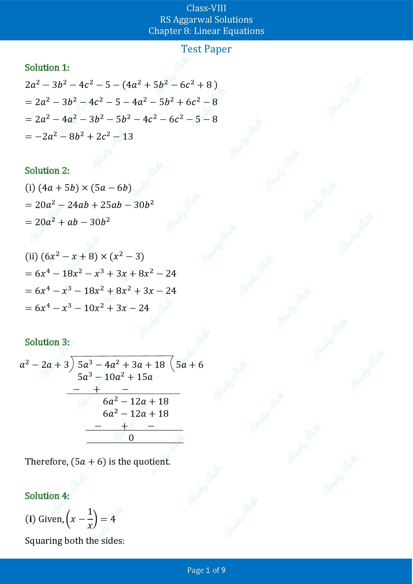 RS Aggarwal Solutions Class 8 Chapter 8 Linear Equations Test Paper 00001