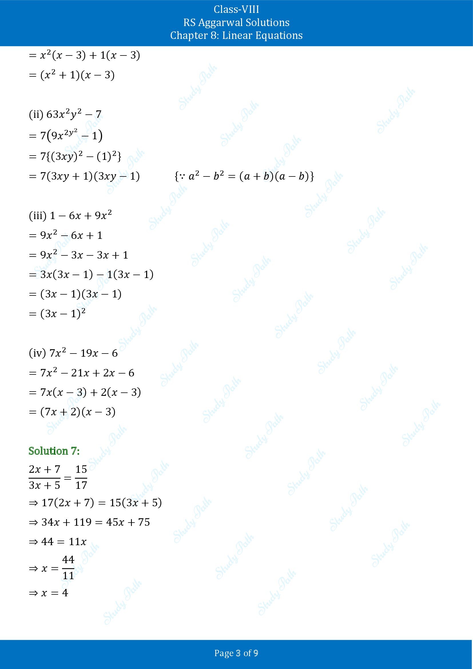 RS Aggarwal Solutions Class 8 Chapter 8 Linear Equations Test Paper 00003