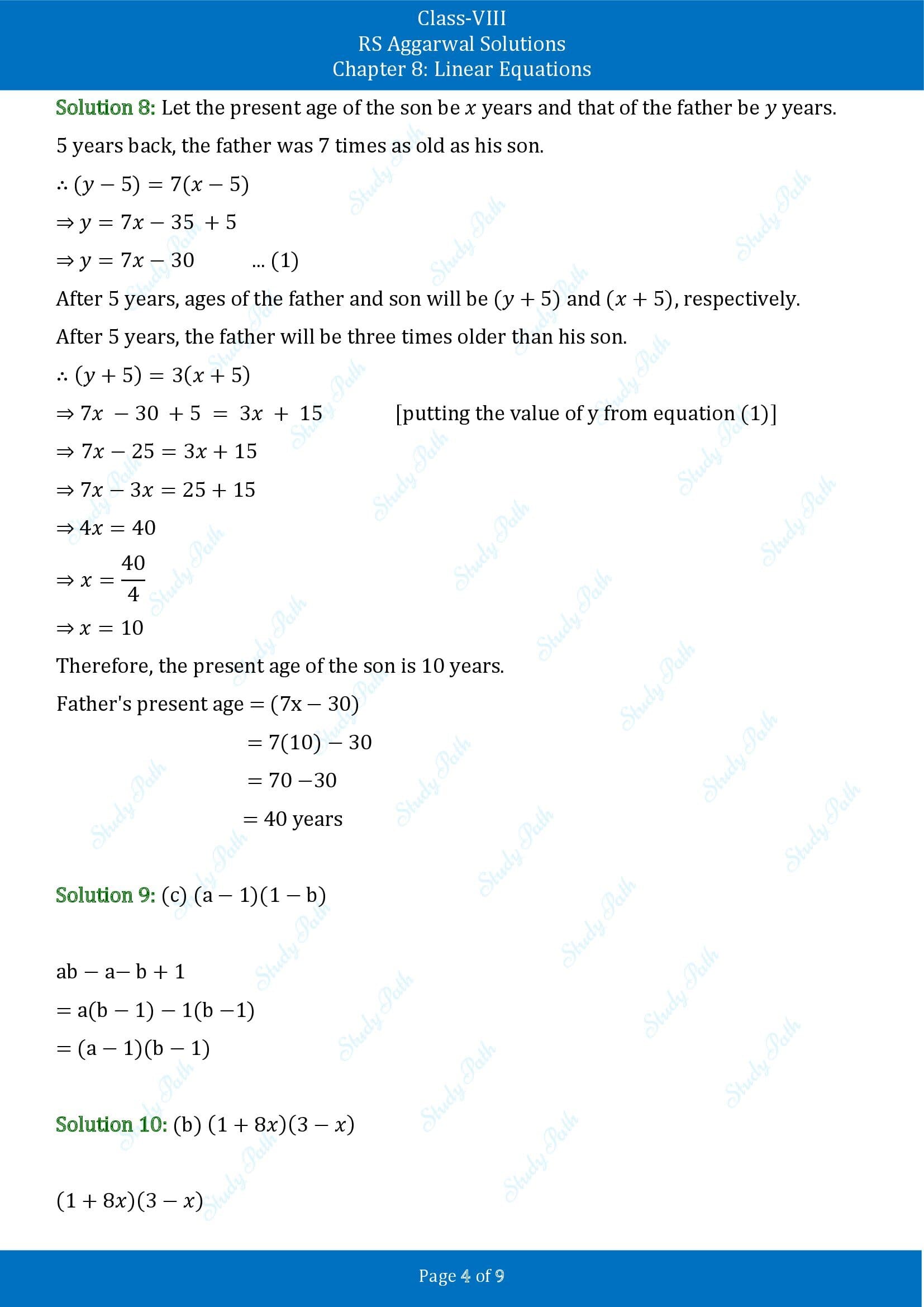 RS Aggarwal Solutions Class 8 Chapter 8 Linear Equations Test Paper 00004