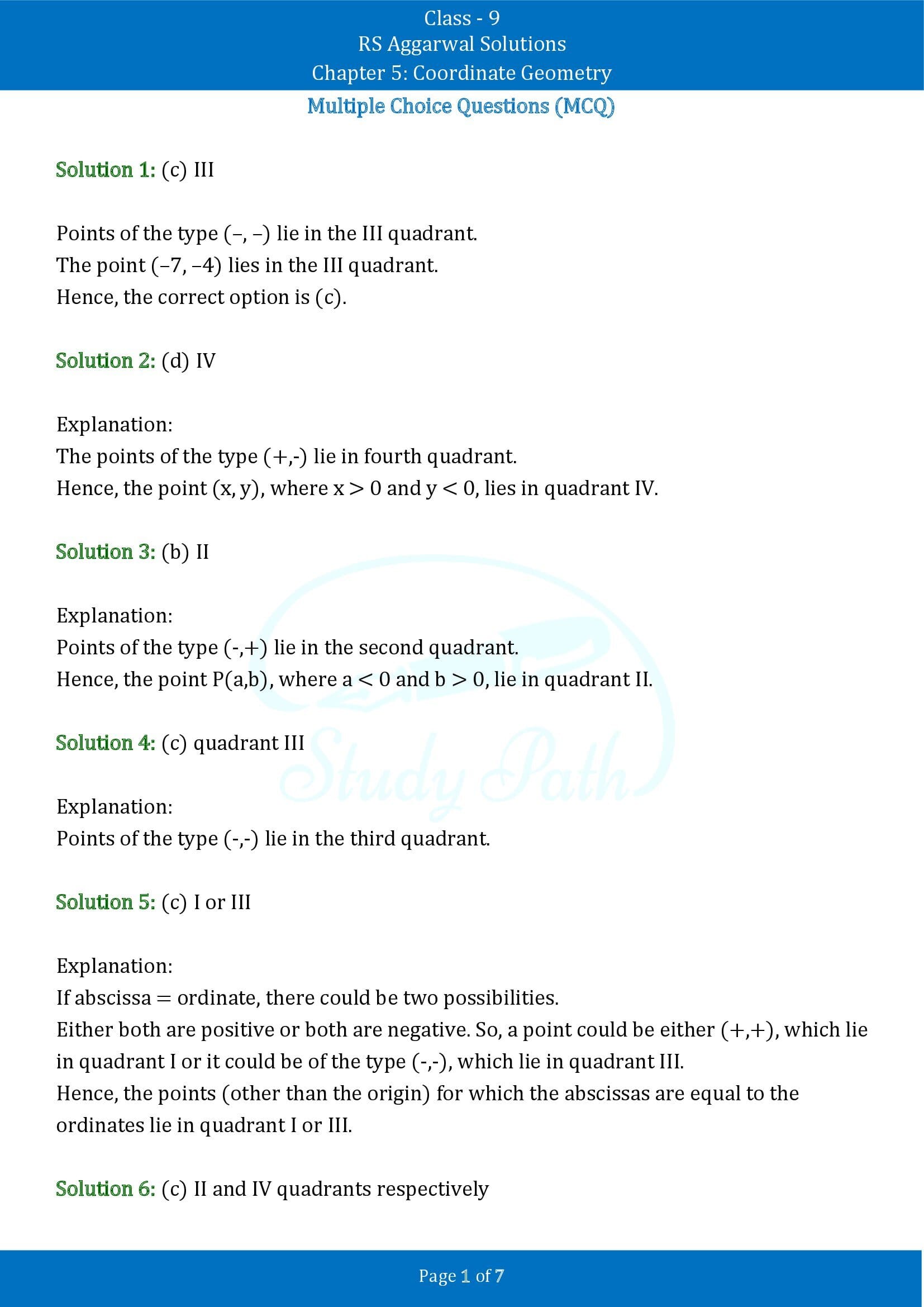 RS Aggarwal Solutions Class 9 Chapter 5 Coordinate Geometry Multiple Choice Questions MCQs 00001