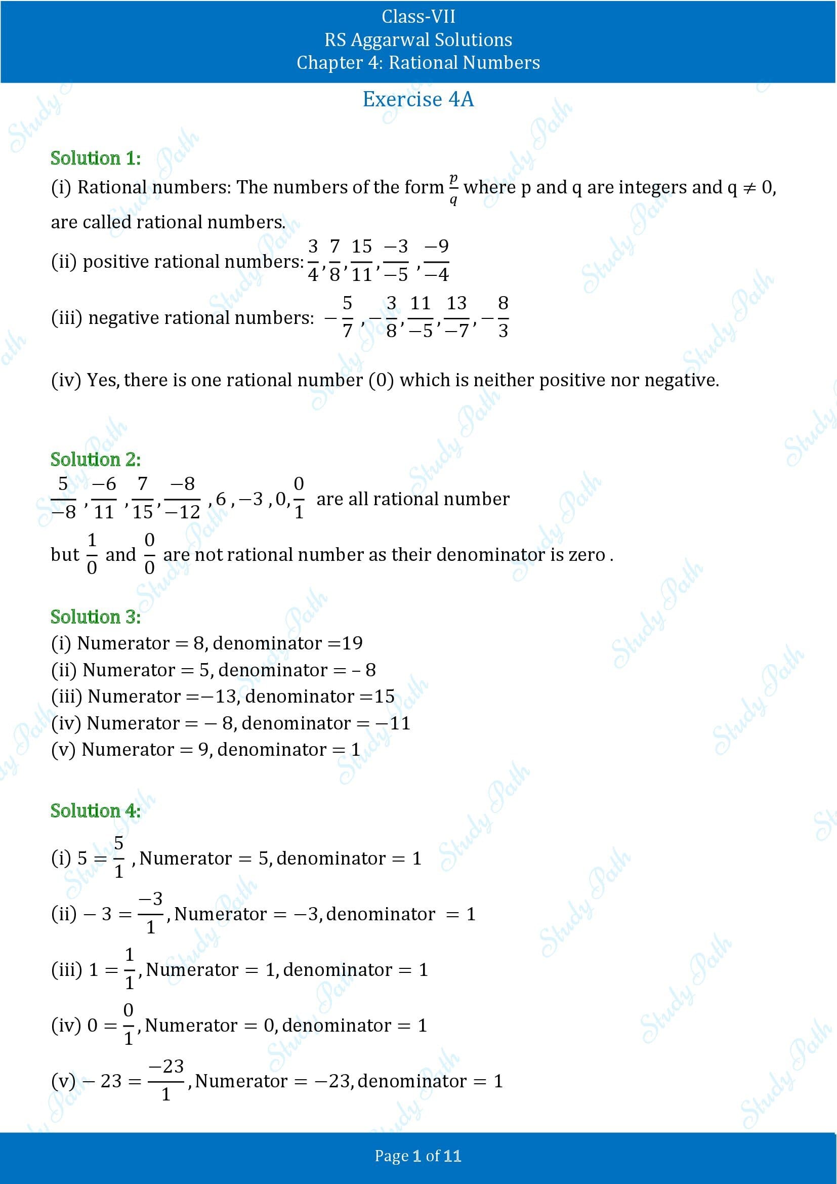 RS Aggarwal Solutions Class 7 Chapter 4 Rational Numbers Exercise 4A 00001