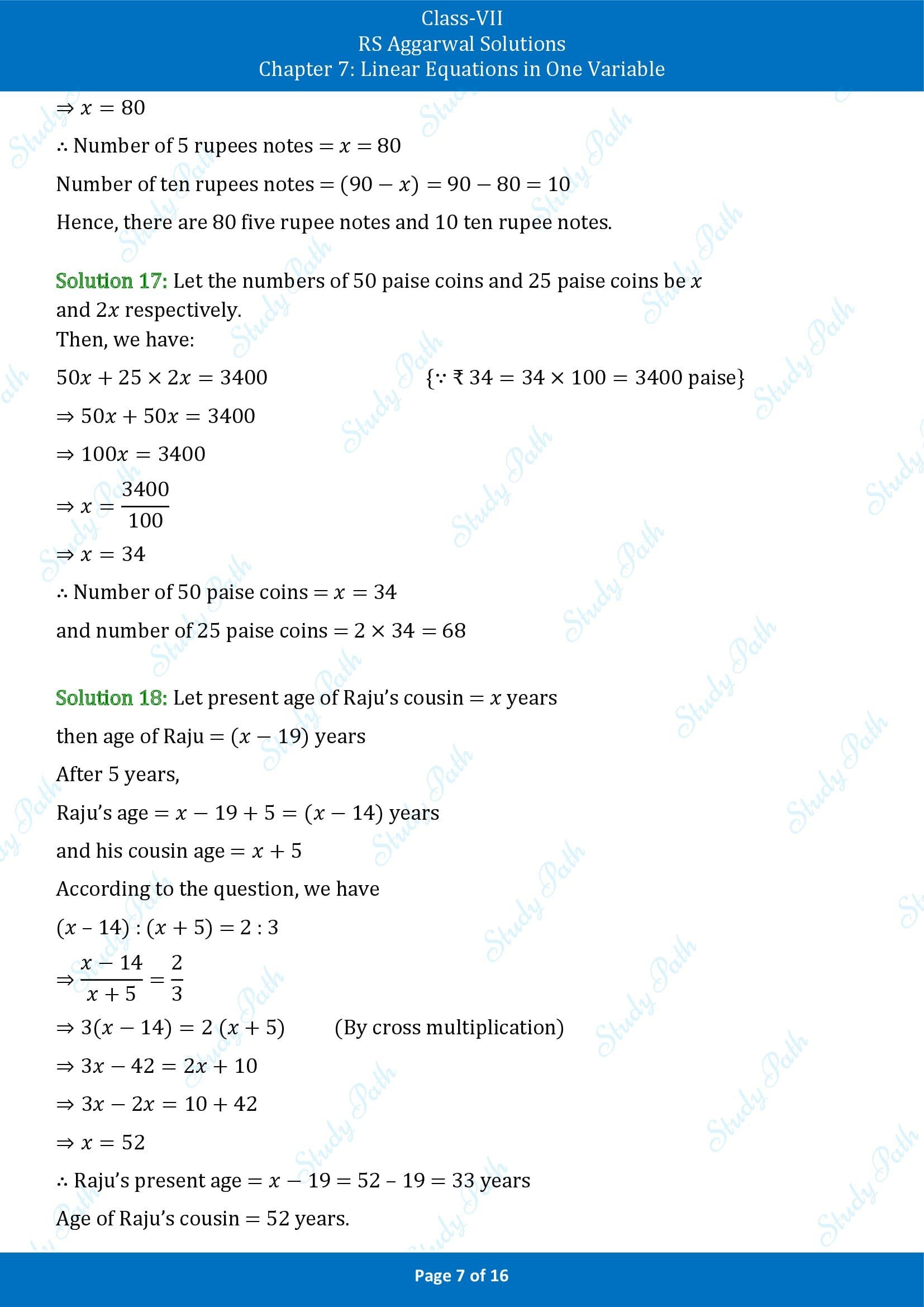 RS Aggarwal Solutions Class 7 Chapter 7 Linear Equations in One Variable Exercise 7B 00007