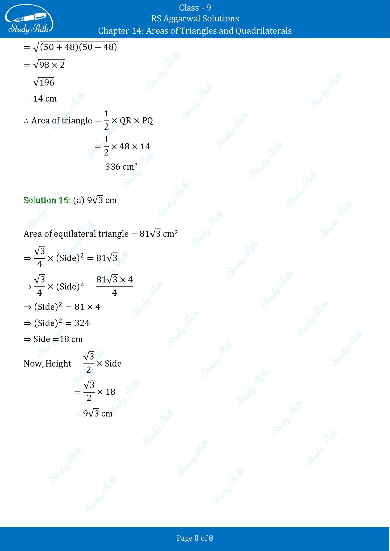 RS Aggarwal Solutions Class 9 Chapter 14 Areas of Triangles and Quadrilaterals Multiple Choice Questions MCQs 00008