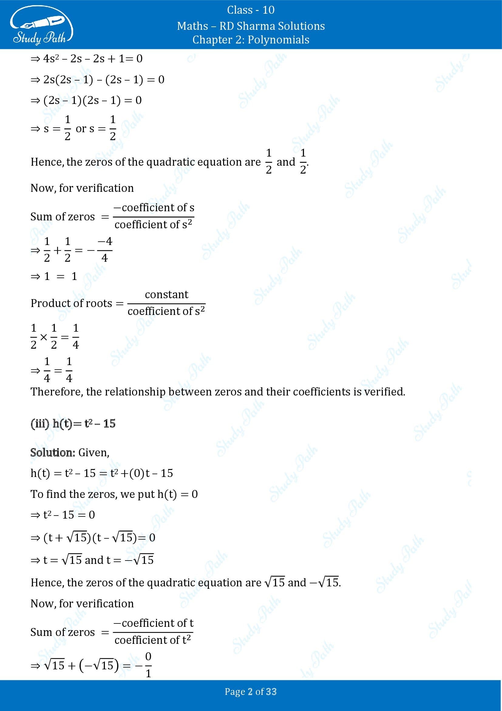 RD Sharma Solutions Class 10 Chapter 2 Polynomials Exercise 2.1 00002