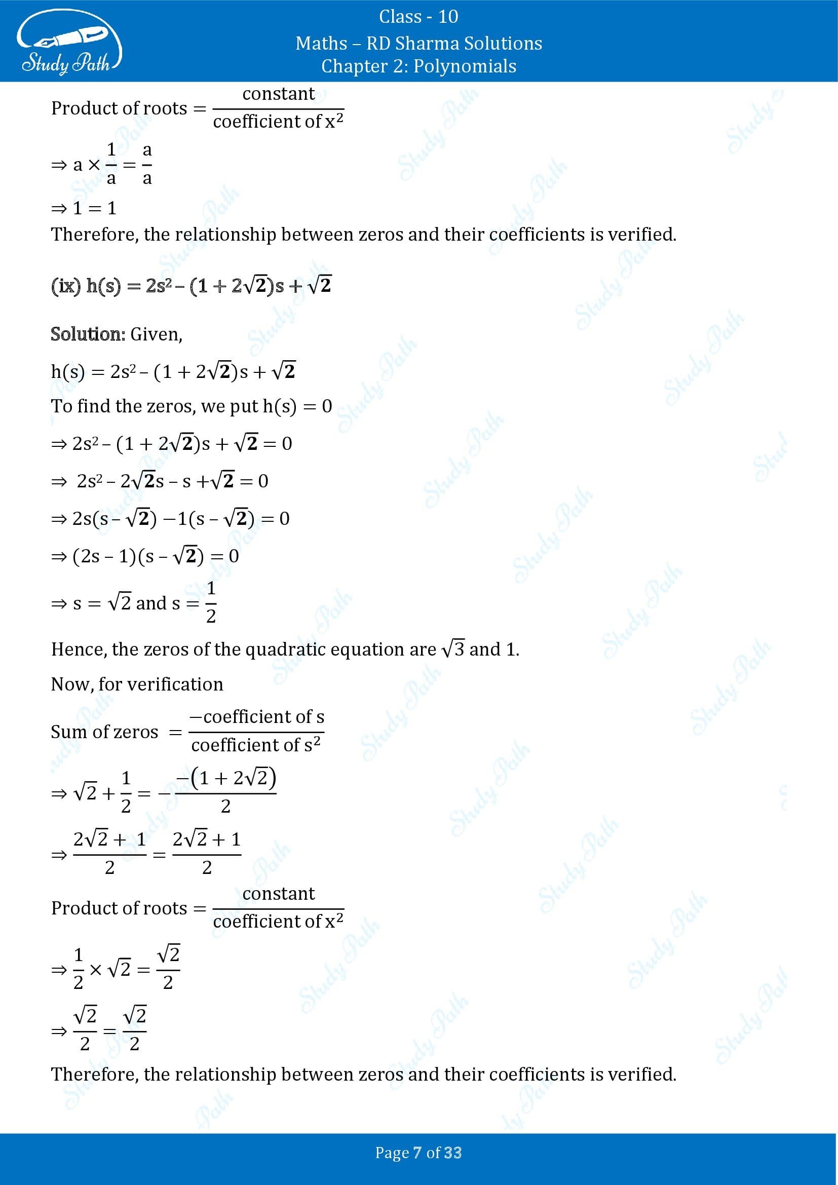 RD Sharma Solutions Class 10 Chapter 2 Polynomials Exercise 2.1 00007