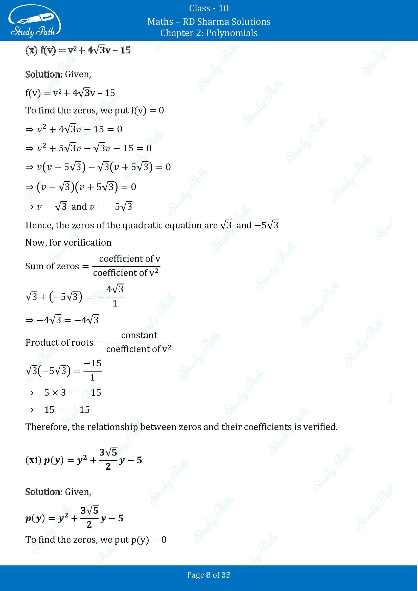 RD Sharma Solutions Class 10 Chapter 2 Polynomials Exercise 2.1 00008