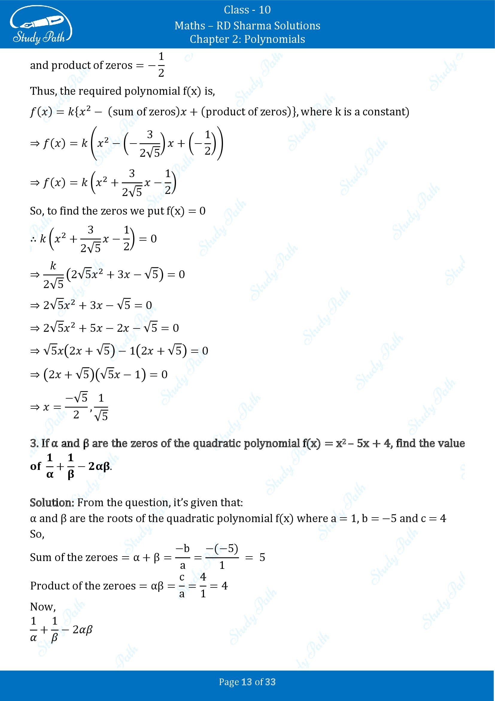 RD Sharma Solutions Class 10 Chapter 2 Polynomials Exercise 2.1 00013