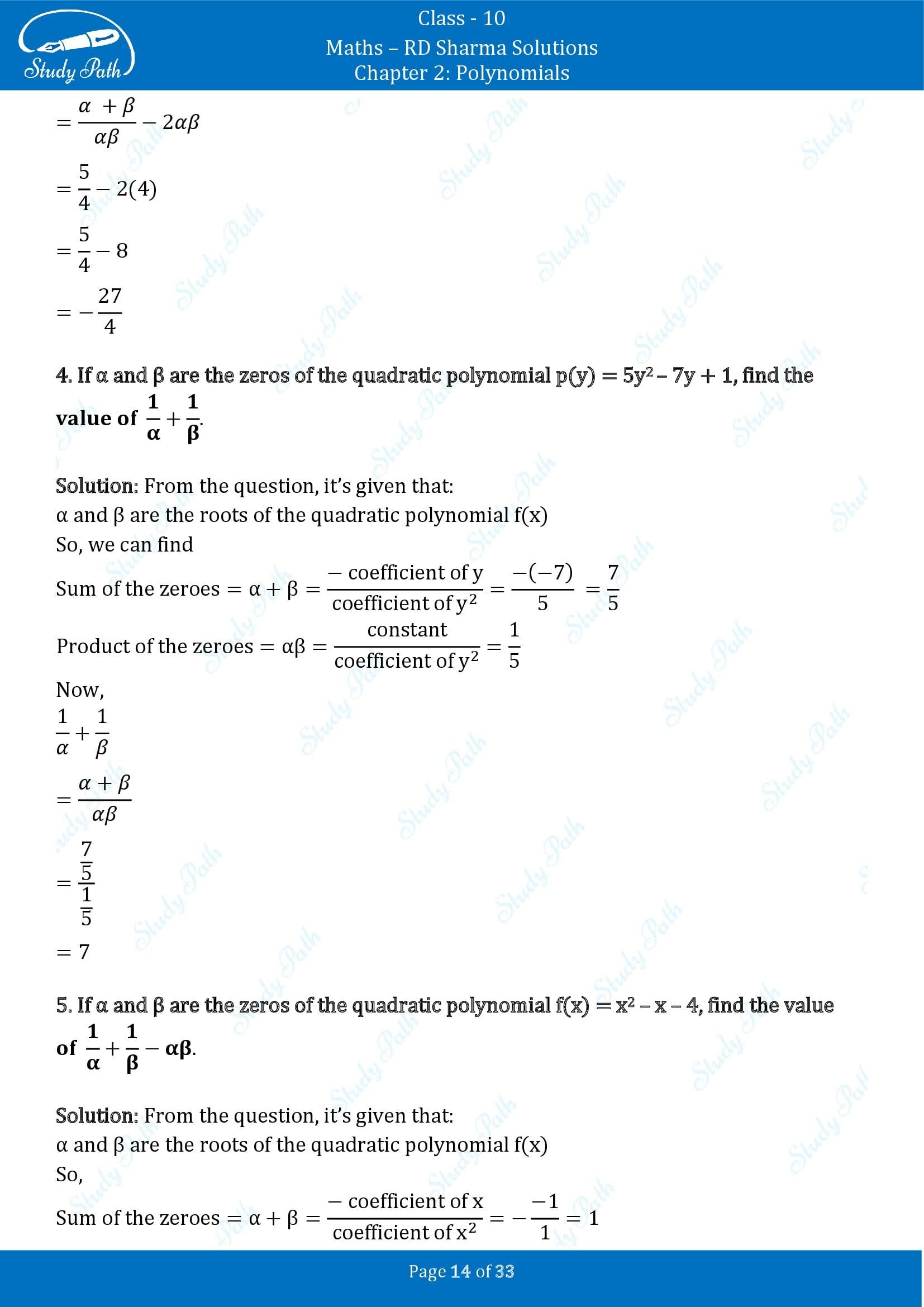 RD Sharma Solutions Class 10 Chapter 2 Polynomials Exercise 2.1 00014