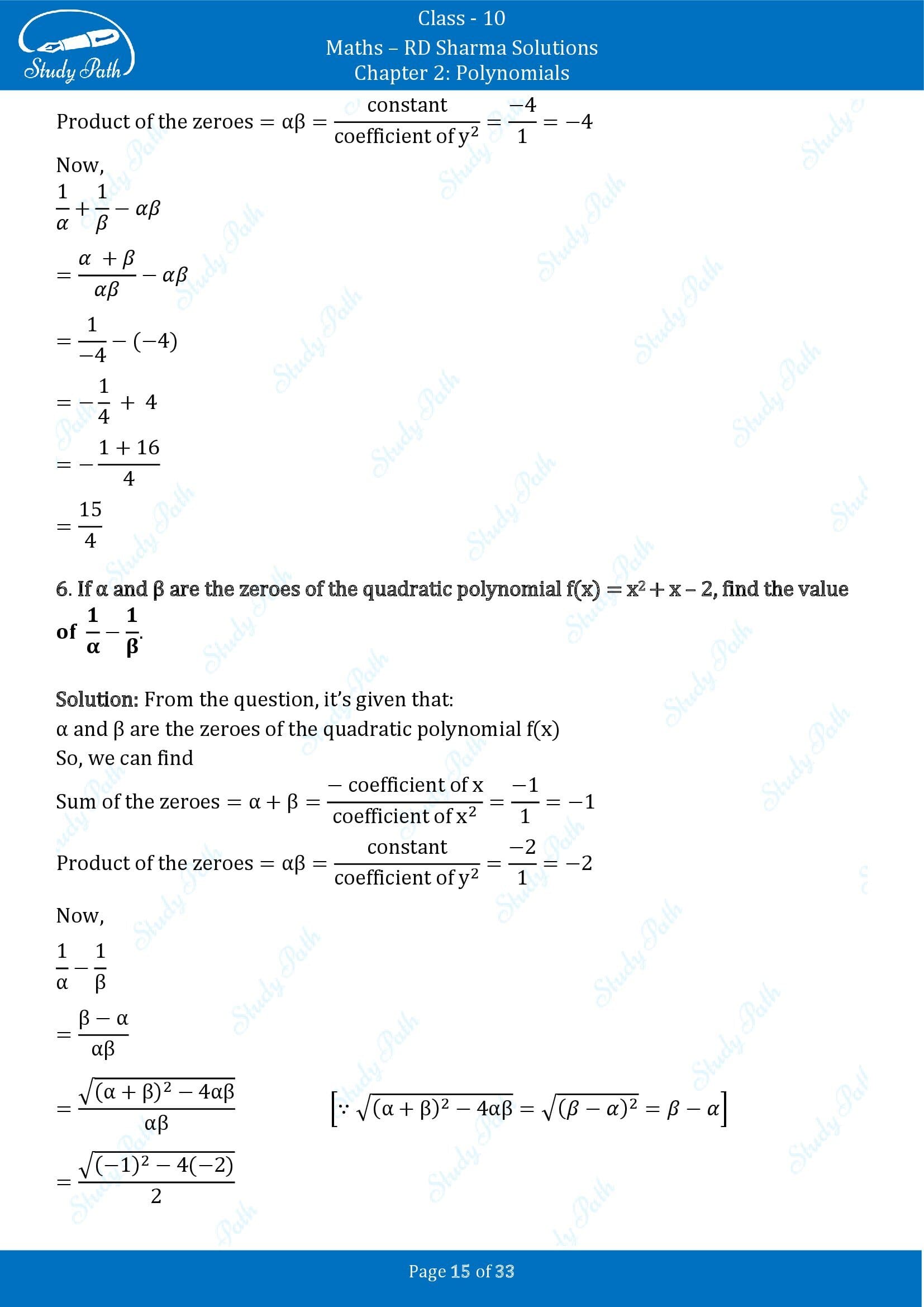 RD Sharma Solutions Class 10 Chapter 2 Polynomials Exercise 2.1 00015