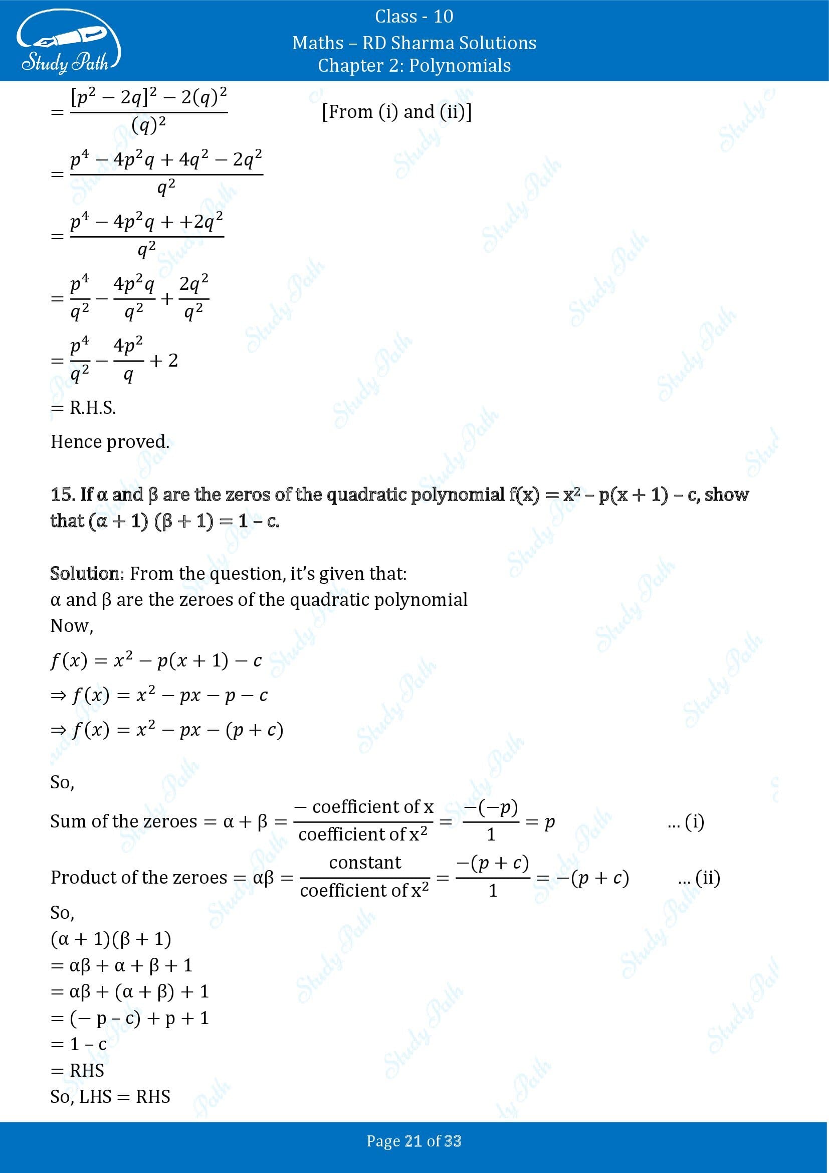 RD Sharma Solutions Class 10 Chapter 2 Polynomials Exercise 2.1 00021