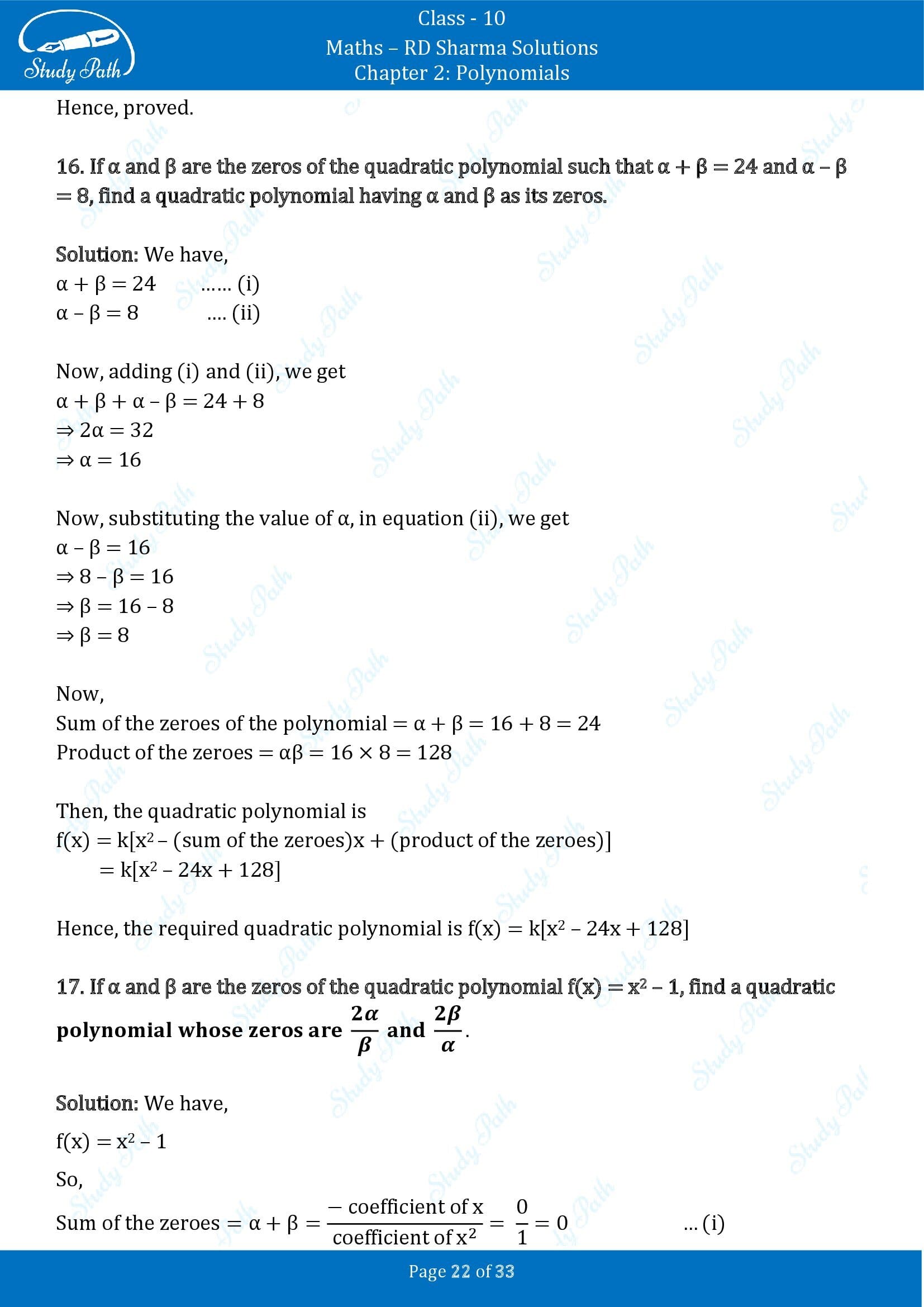 RD Sharma Solutions Class 10 Chapter 2 Polynomials Exercise 2.1 00022
