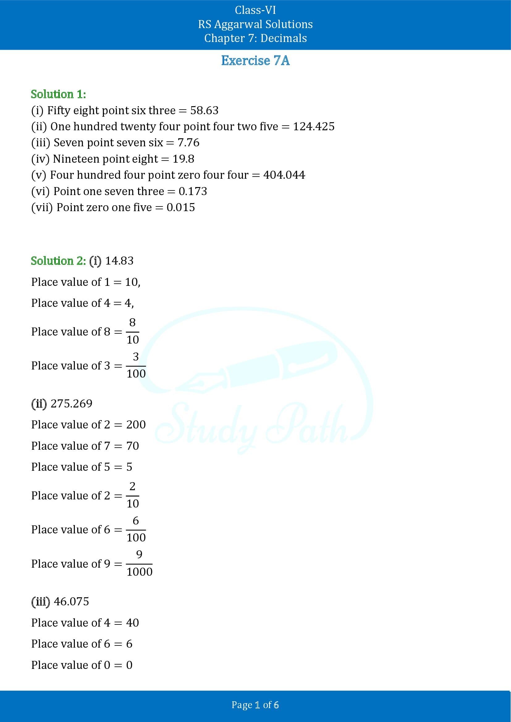 RS Aggarwal Solutions Class 6 Chapter 7 Decimals Exercise 7A 00001