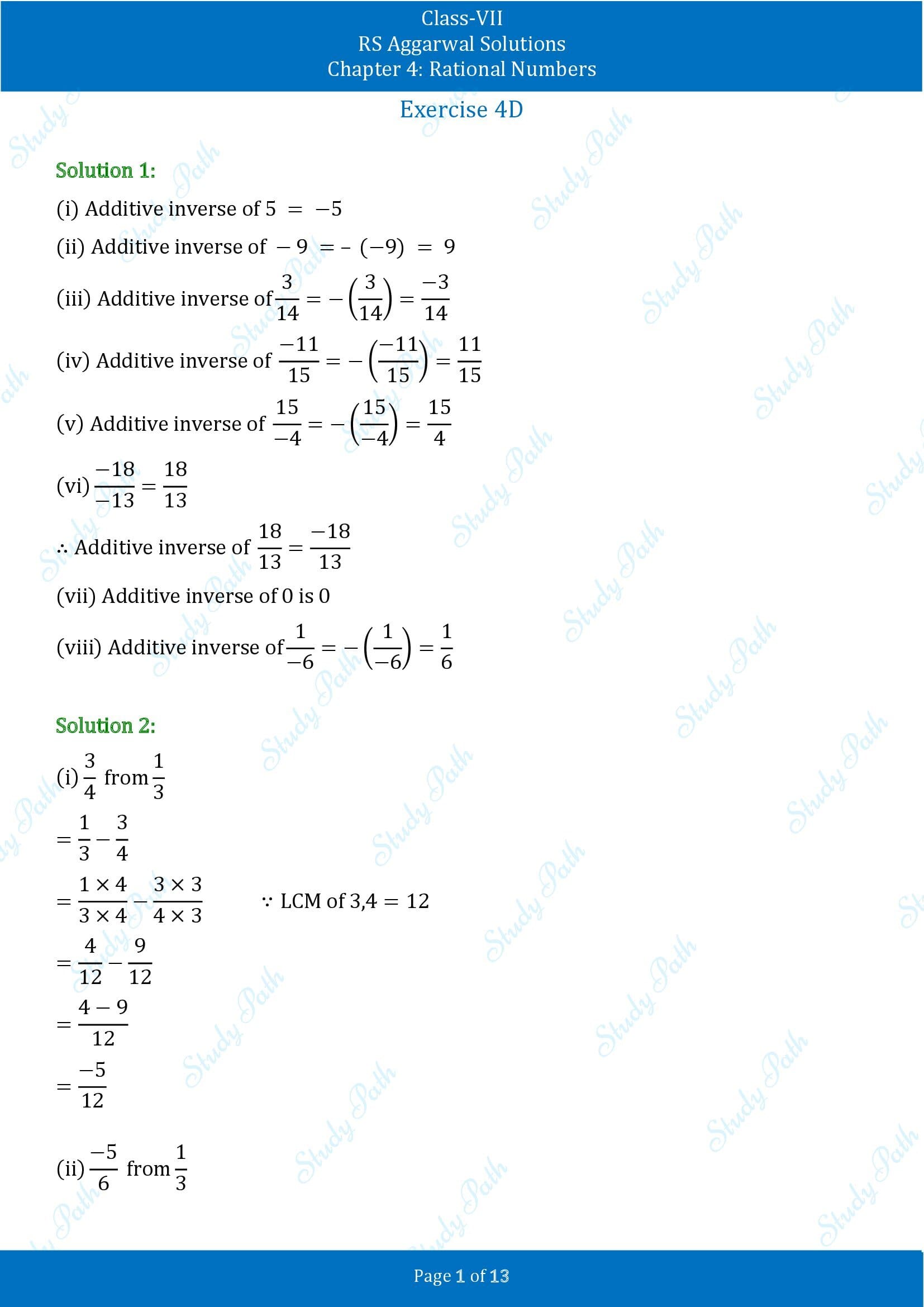 RS Aggarwal Solutions Class 7 Chapter 4 Rational Numbers Exercise 4D 00001