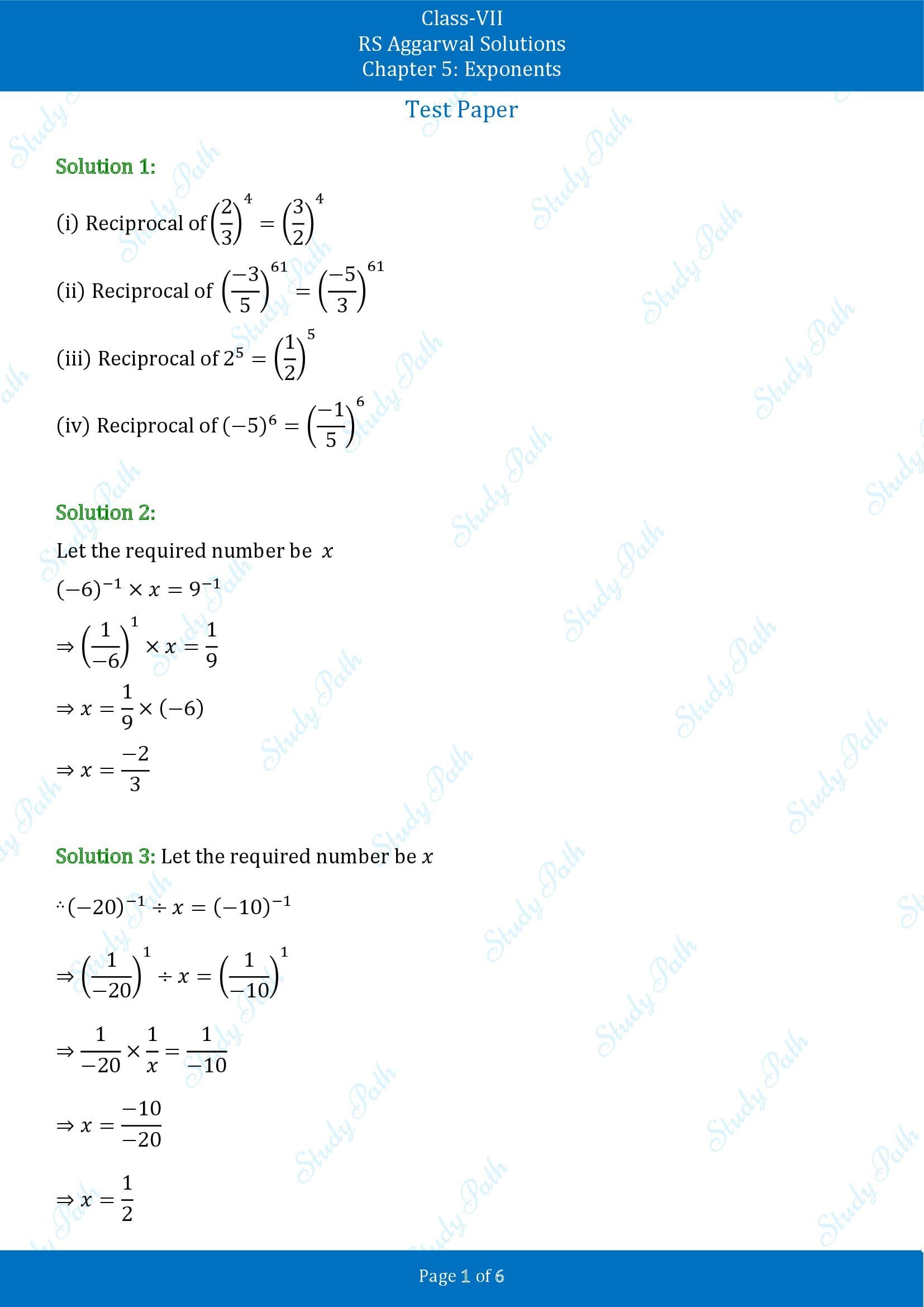 RS Aggarwal Solutions Class 7 Chapter 5 Exponents Test Paper 00001