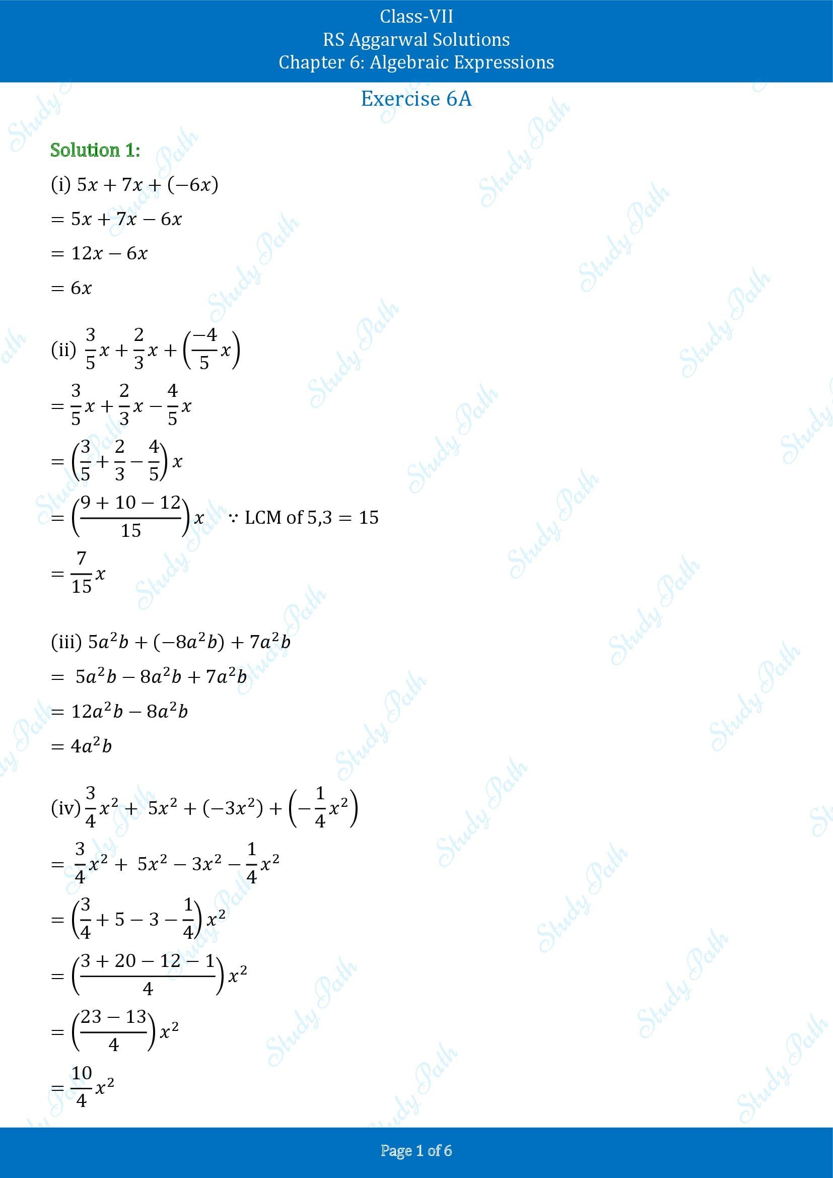 RS Aggarwal Solutions Class 7 Chapter 6 Algebraic Expresions Exercise 6A 00001