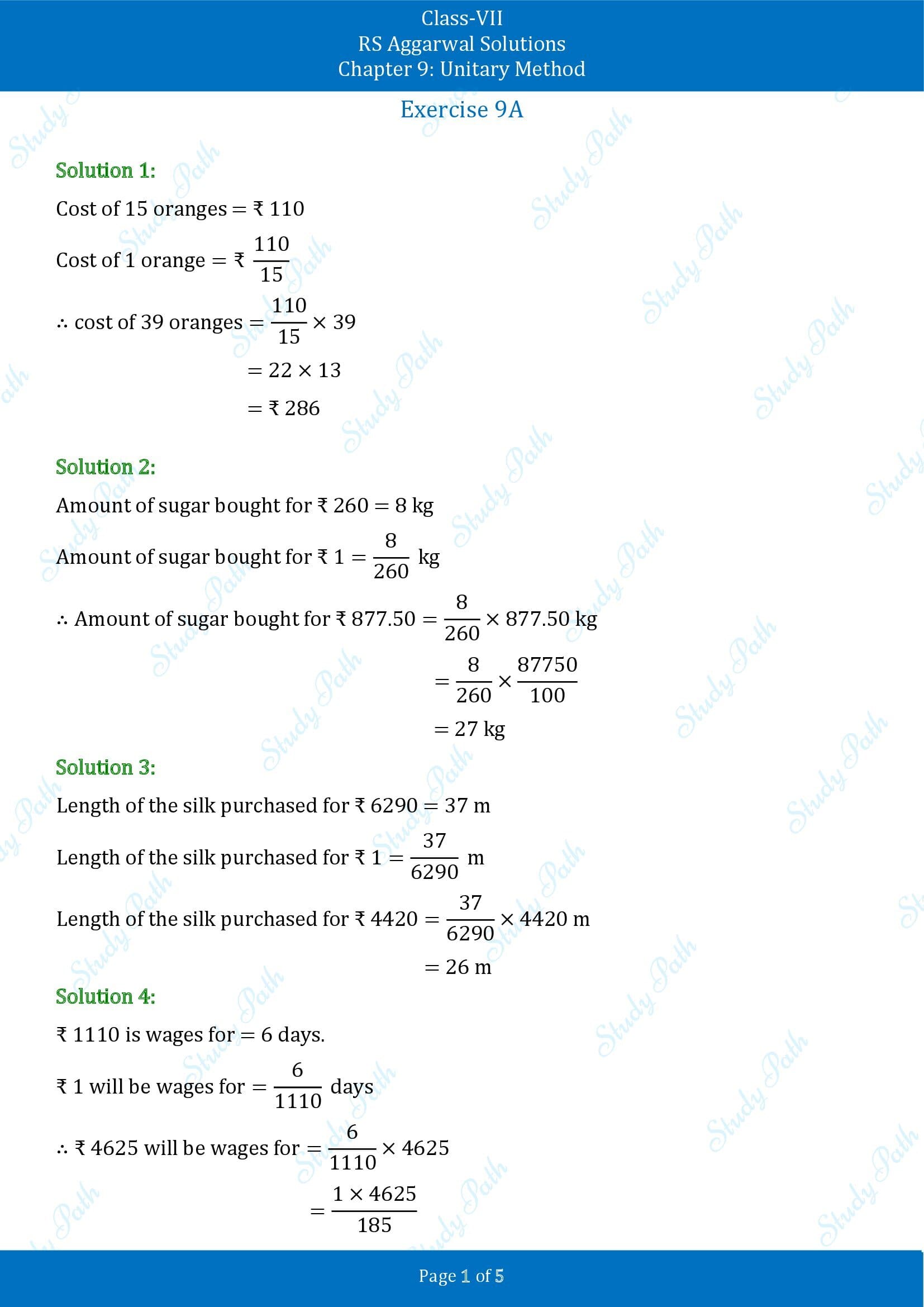 RS Aggarwal Solutions Class 7 Chapter 9 Unitary Method Exercise 9A 00001
