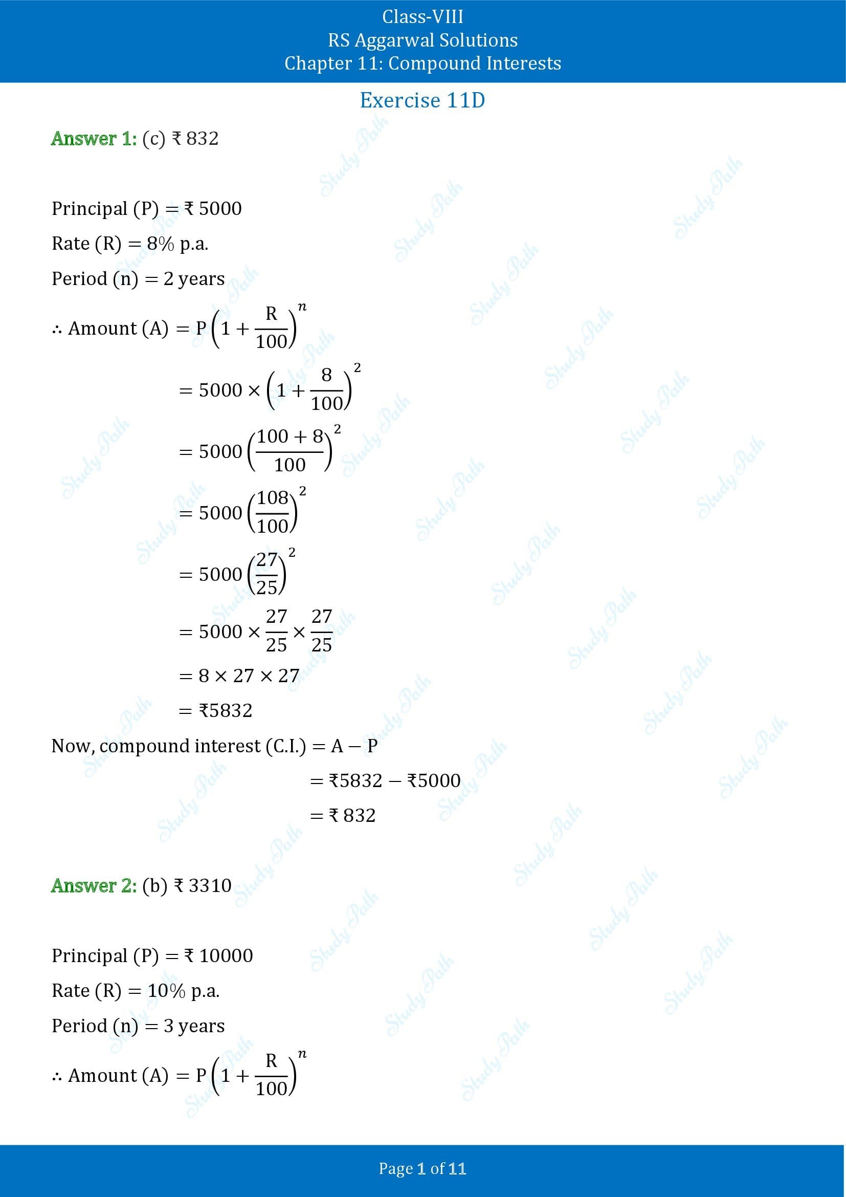 RS Aggarwal Solutions Class 8 Chapter 11 Compound Interests Exercise 11D MCQs 00001