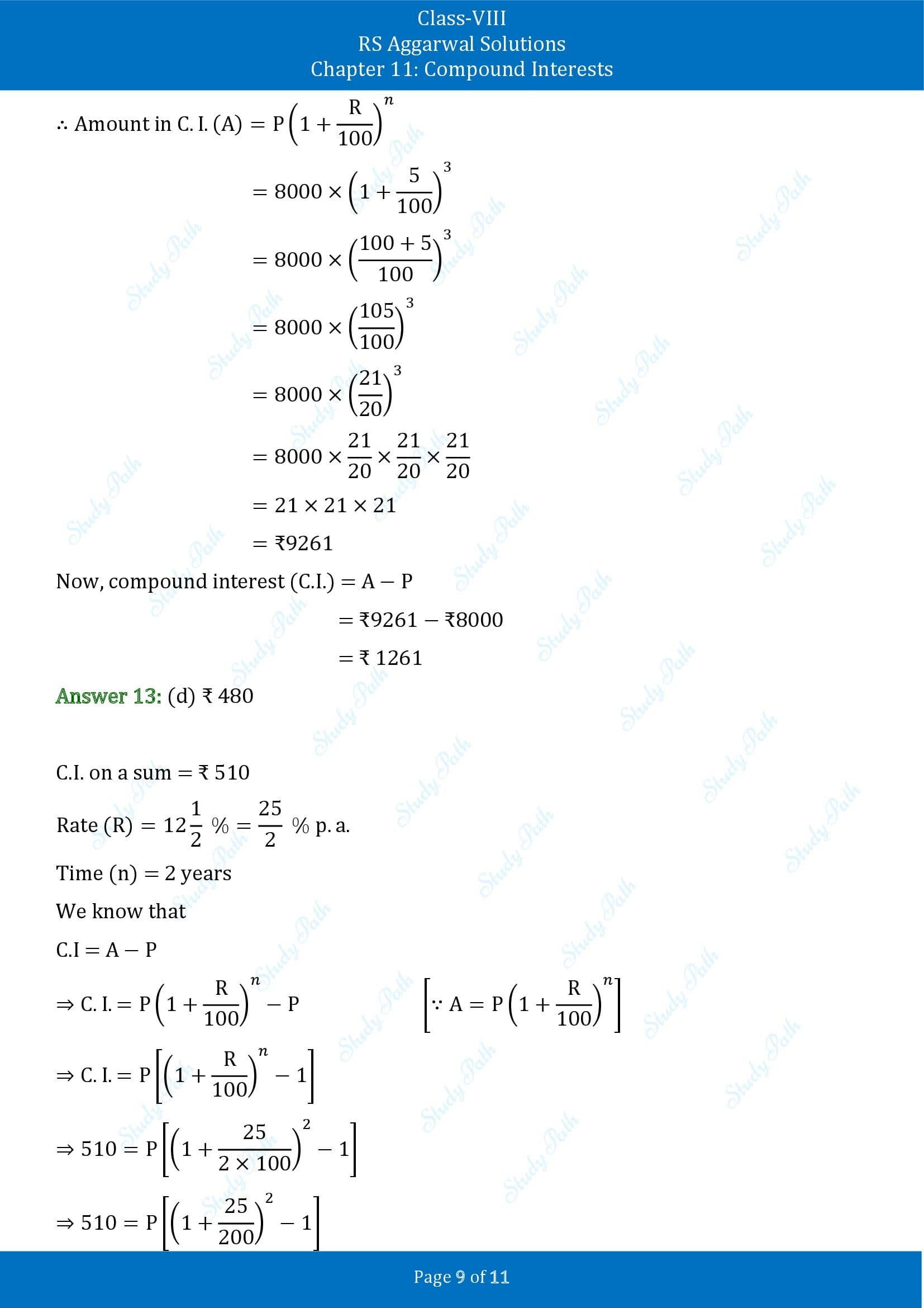 RS Aggarwal Solutions Class 8 Chapter 11 Compound Interests Exercise 11D MCQs 00009