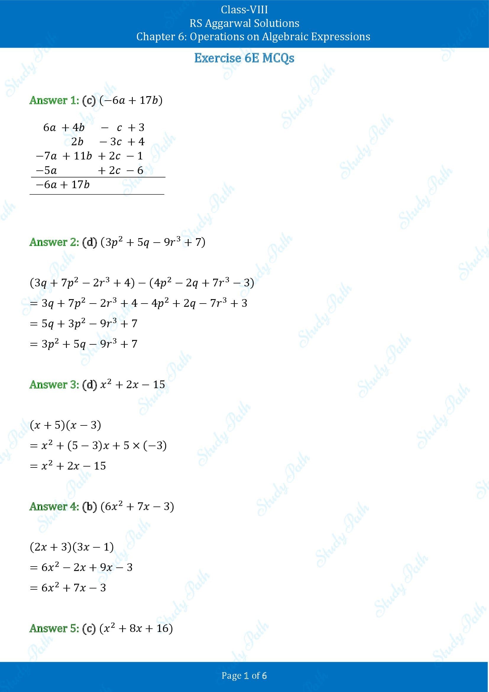 RS Aggarwal Solutions Class 8 Chapter 6 Operations on Algebraic Expressions Exercise 6E MCQs 00001