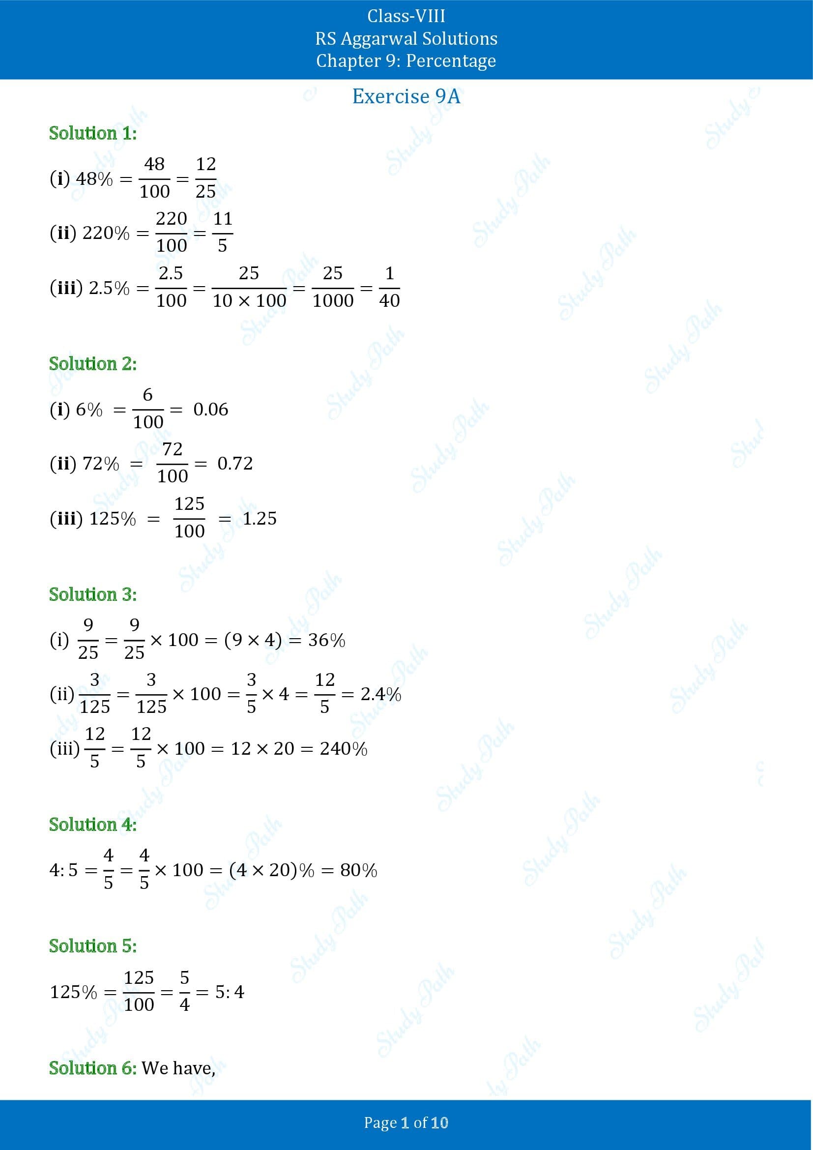 RS Aggarwal Solutions Class 8 Chapter 9 Percentage Exercise 9A 00001