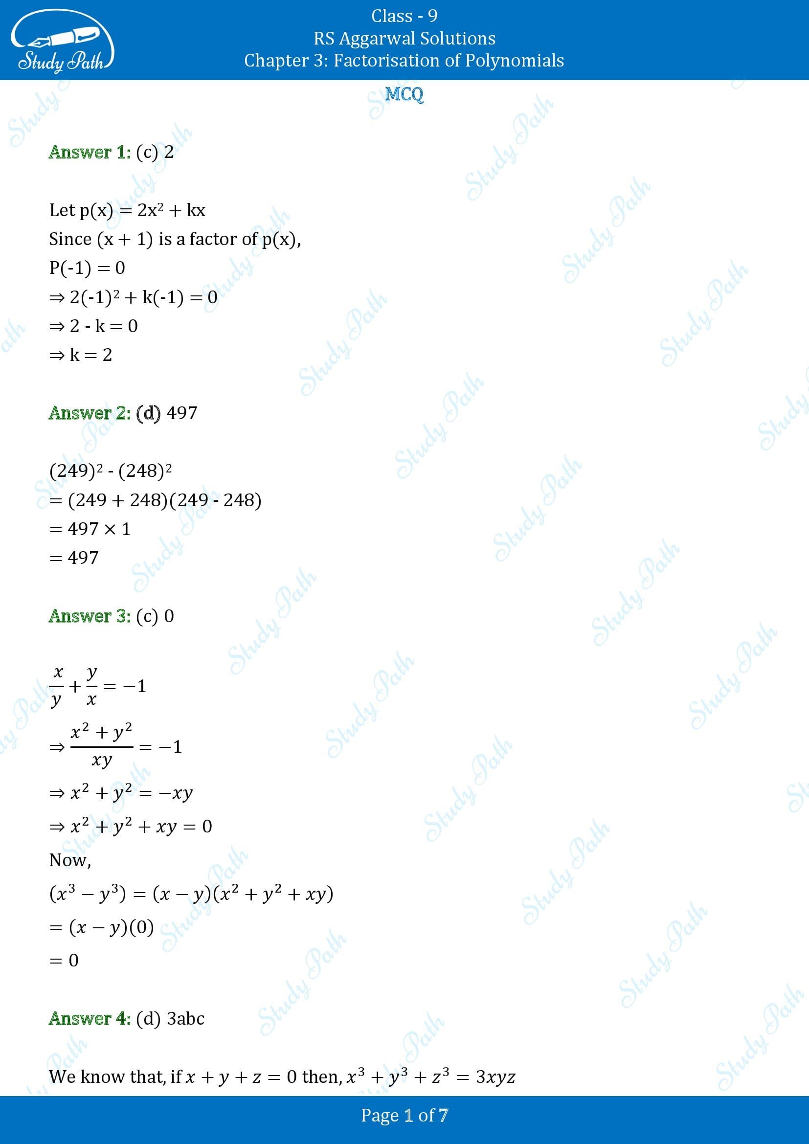 RS Aggarwal Solutions Class 9 Chapter 3 Factorisation of Polynomials Multiple Choice Questions MCQs 00001