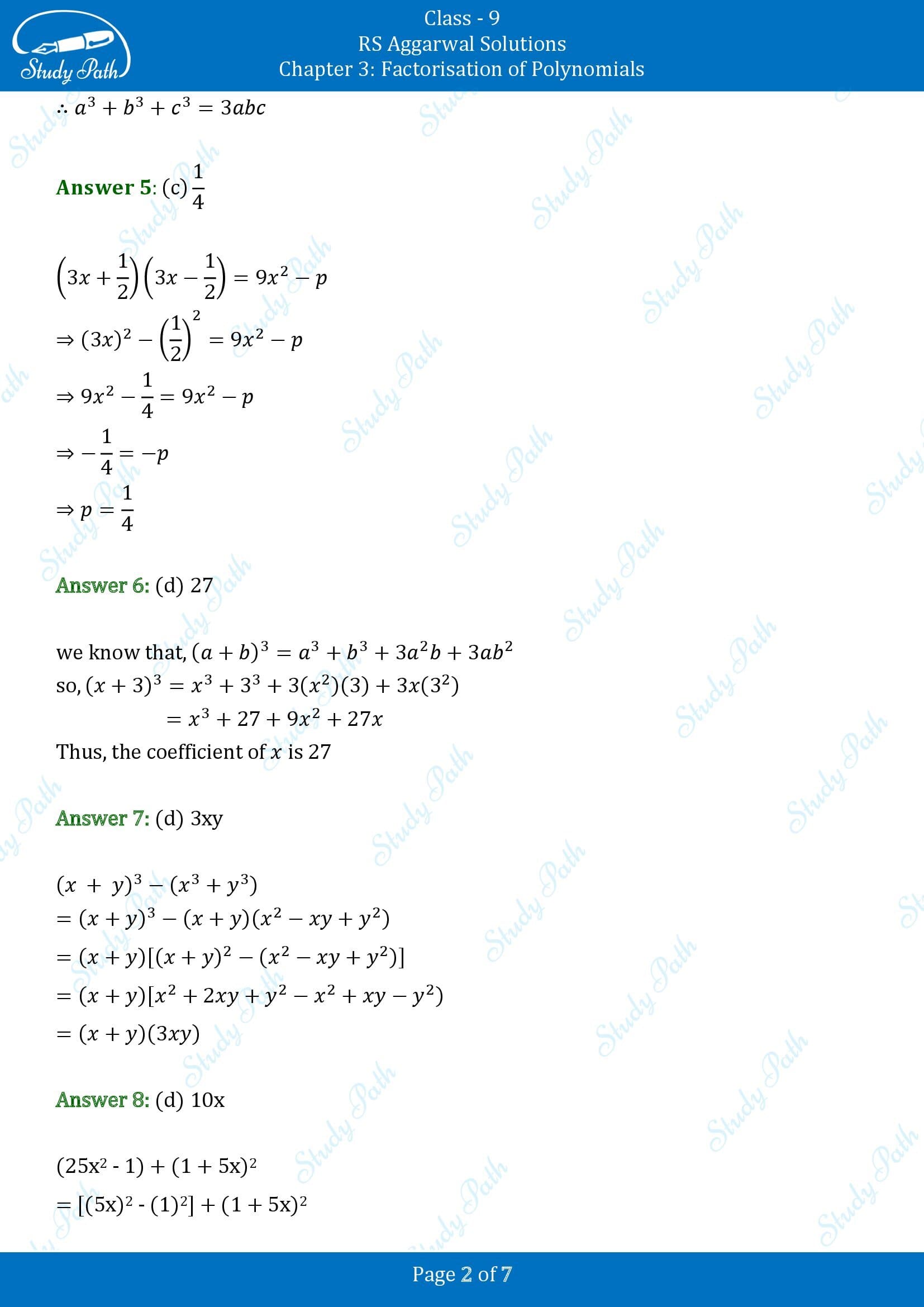 RS Aggarwal Solutions Class 9 Chapter 3 Factorisation of Polynomials Multiple Choice Questions MCQs 00002