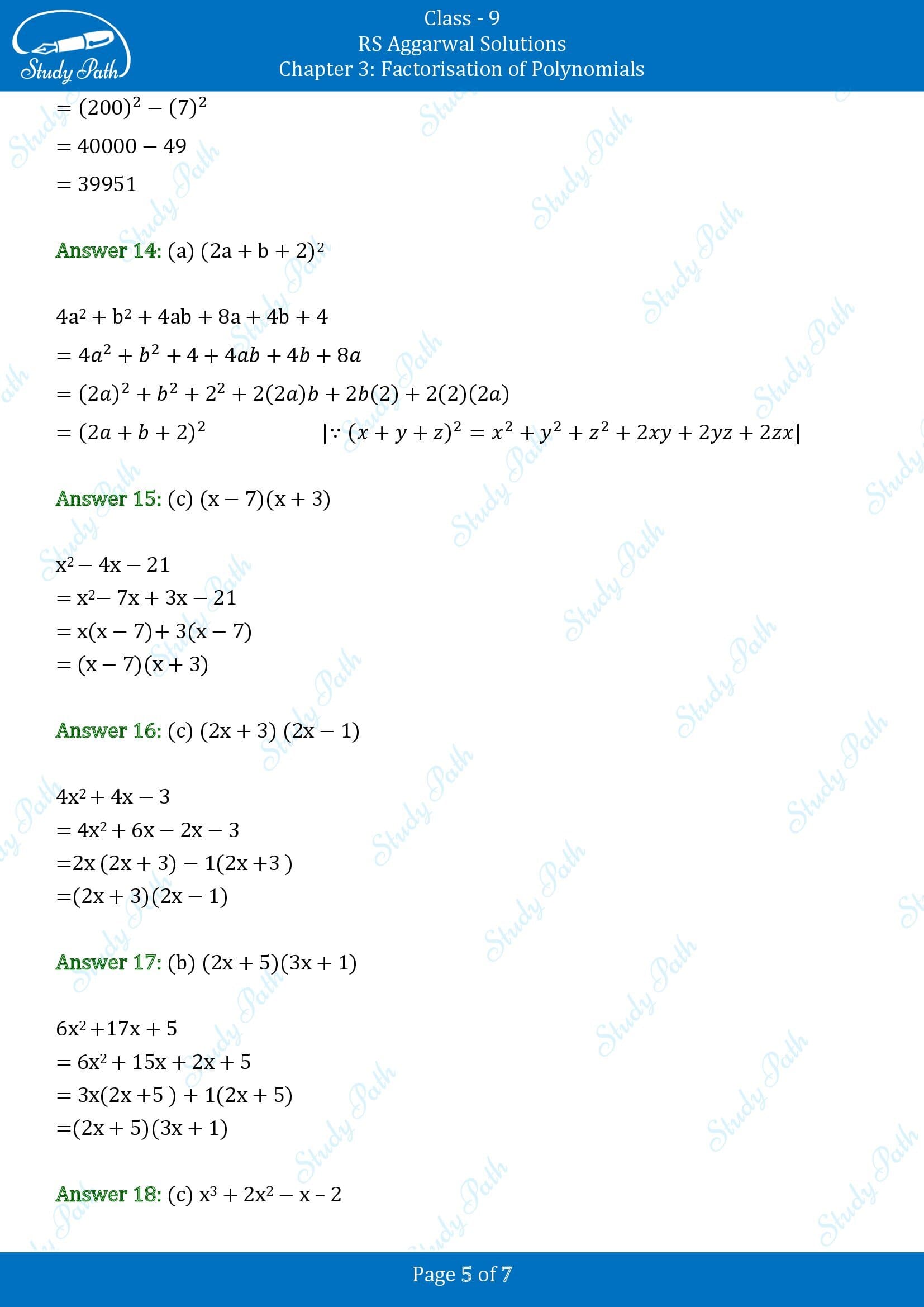 RS Aggarwal Solutions Class 9 Chapter 3 Factorisation of Polynomials Multiple Choice Questions MCQs 00005