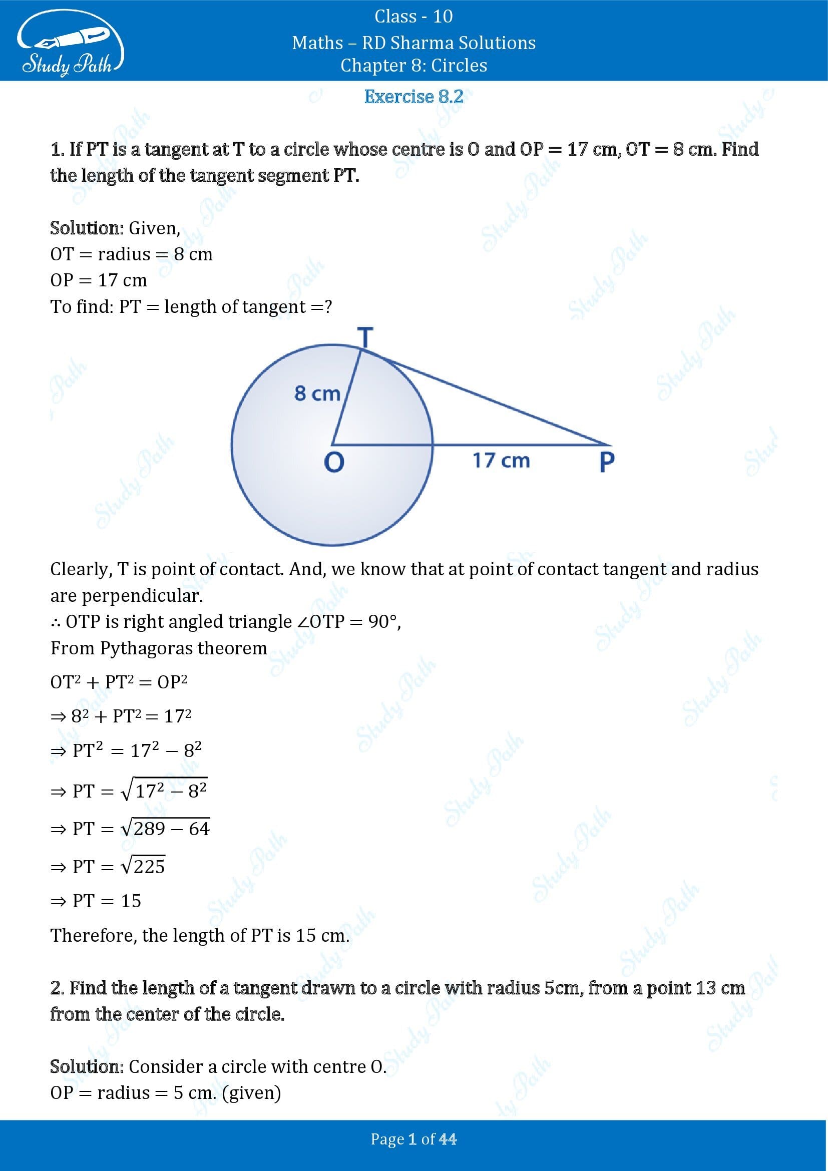 RD Sharma Solutions Class 10 Chapter 8 Circles Exercise 8.2 00001