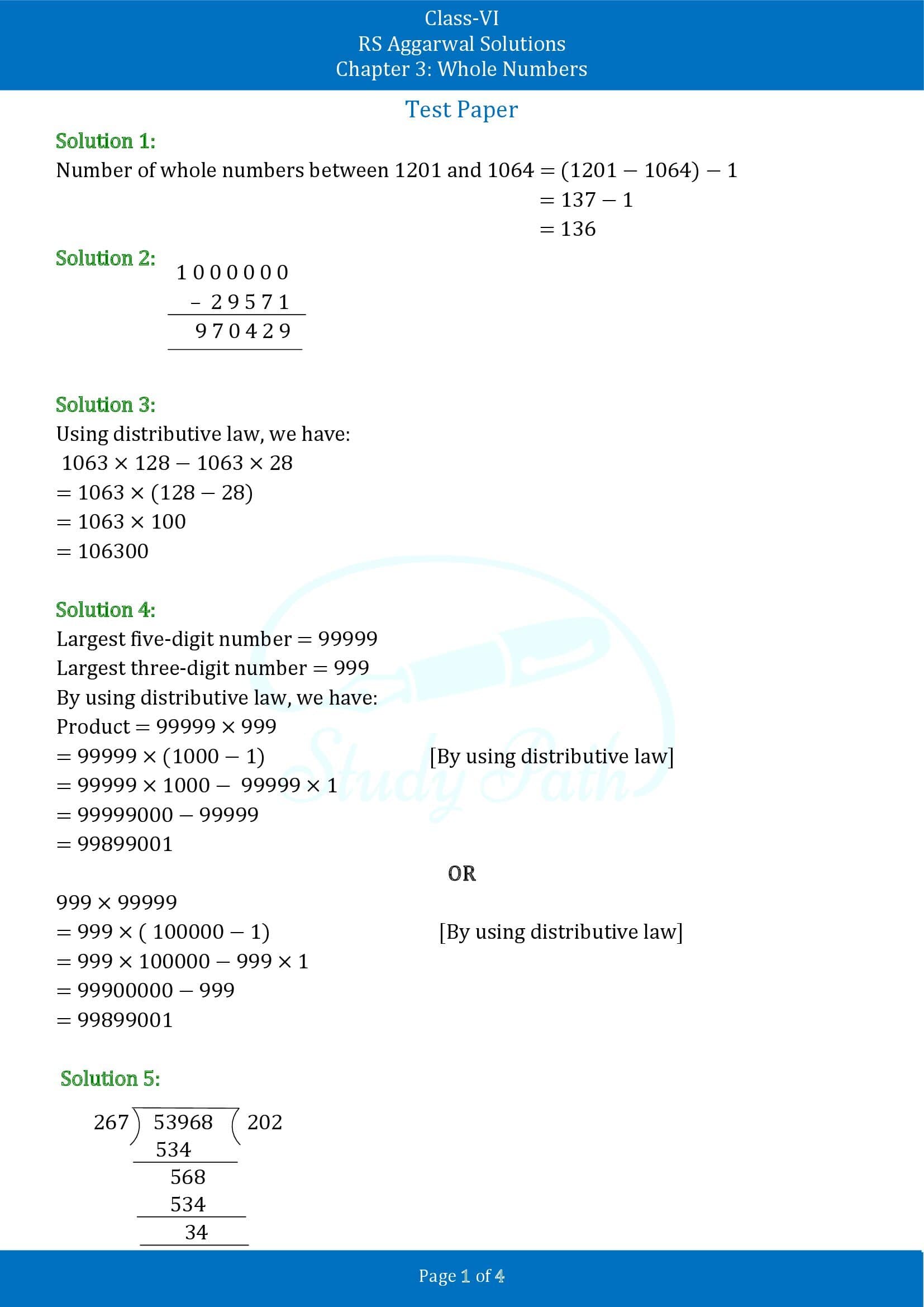 RS Aggarwal Solutions Class 6 Chapter 3 Whole Numbers Test Paper 00001