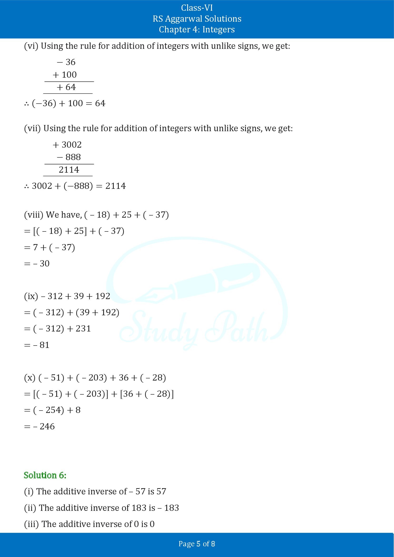 RS Aggarwal Solutions Class 6 Chapter 4 Integers Exercise 4B 00005