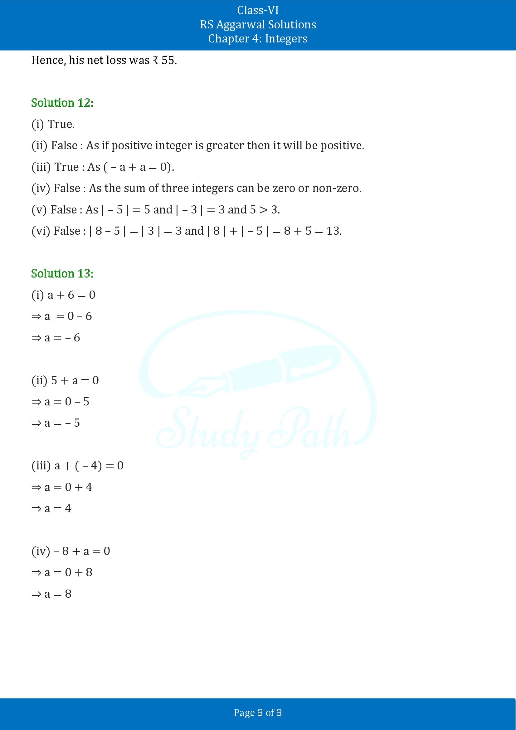 RS Aggarwal Solutions Class 6 Chapter 4 Integers Exercise 4B 00008
