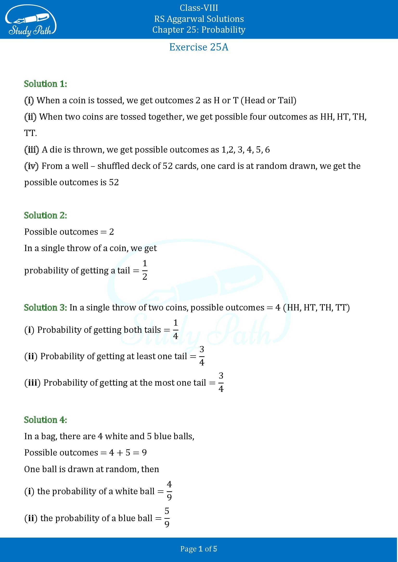 RS Aggarwal Solutions Class 8 Chapter 25 Probability Exercise 25A 00001