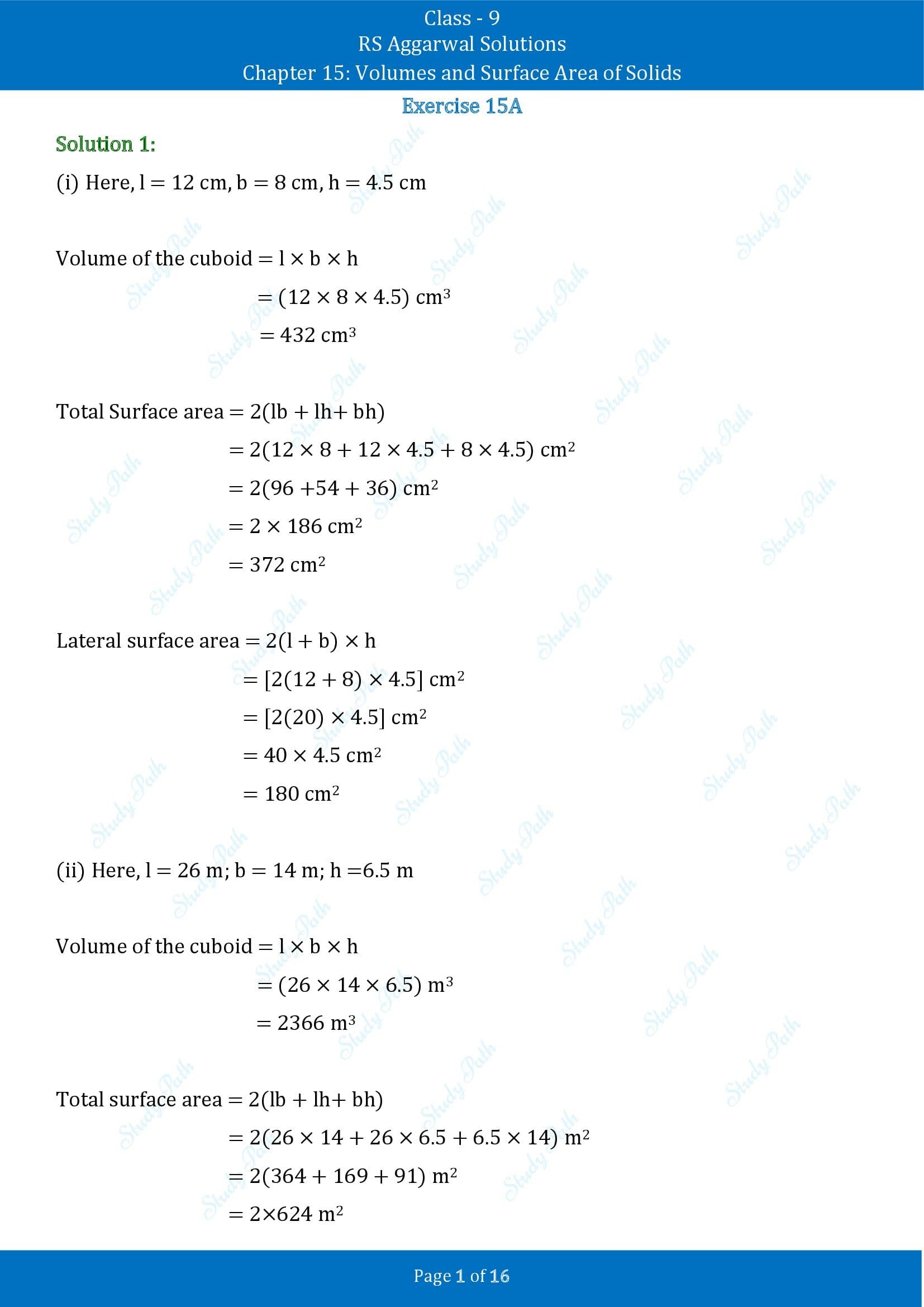 RS Aggarwal Solutions Class 9 Chapter 15 Volumes and Surface Area of Solids Exercise 15A 00001
