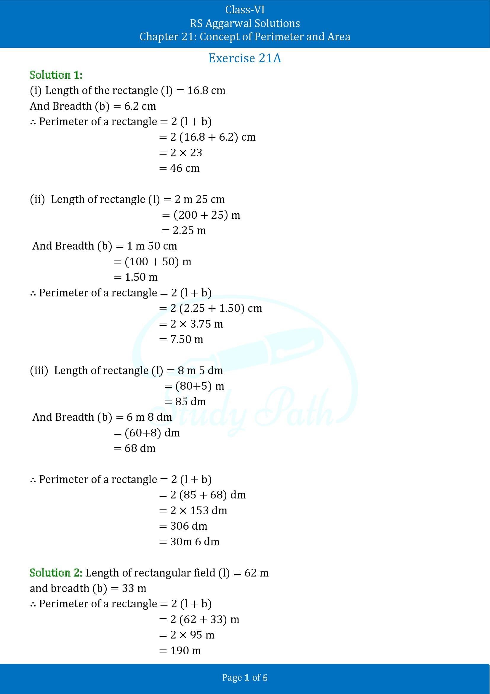RS Aggarwal Solutions Class 6 Chapter 21 Concept of Perimeter and Area Exercise 21A 00001